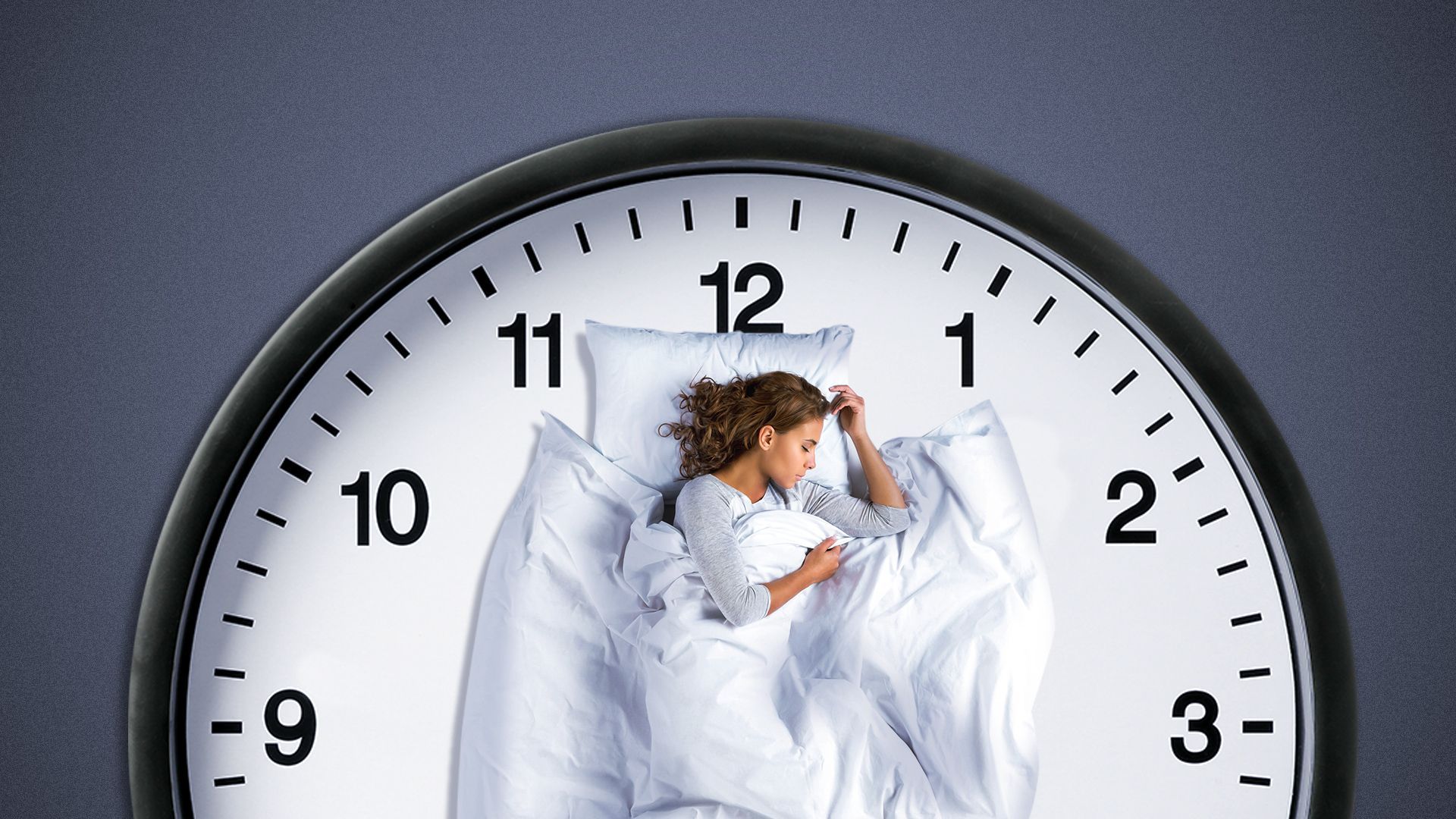 Illustration of a person fast asleep on top of a clock with no hands.