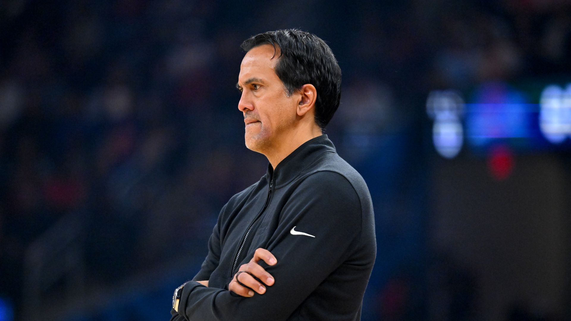 CLEVELAND, OHIO - MARCH 27: Head coach Erik Spoelstra of the Miami Heat watches during the third quarter against the Cleveland Cavaliers at Rocket Arena on March 27, 2026 in Cleveland, Ohio. The Cavaliers defeated the Heat 149-128. NOTE TO USER: User expressly acknowledges and agrees that, by downlo