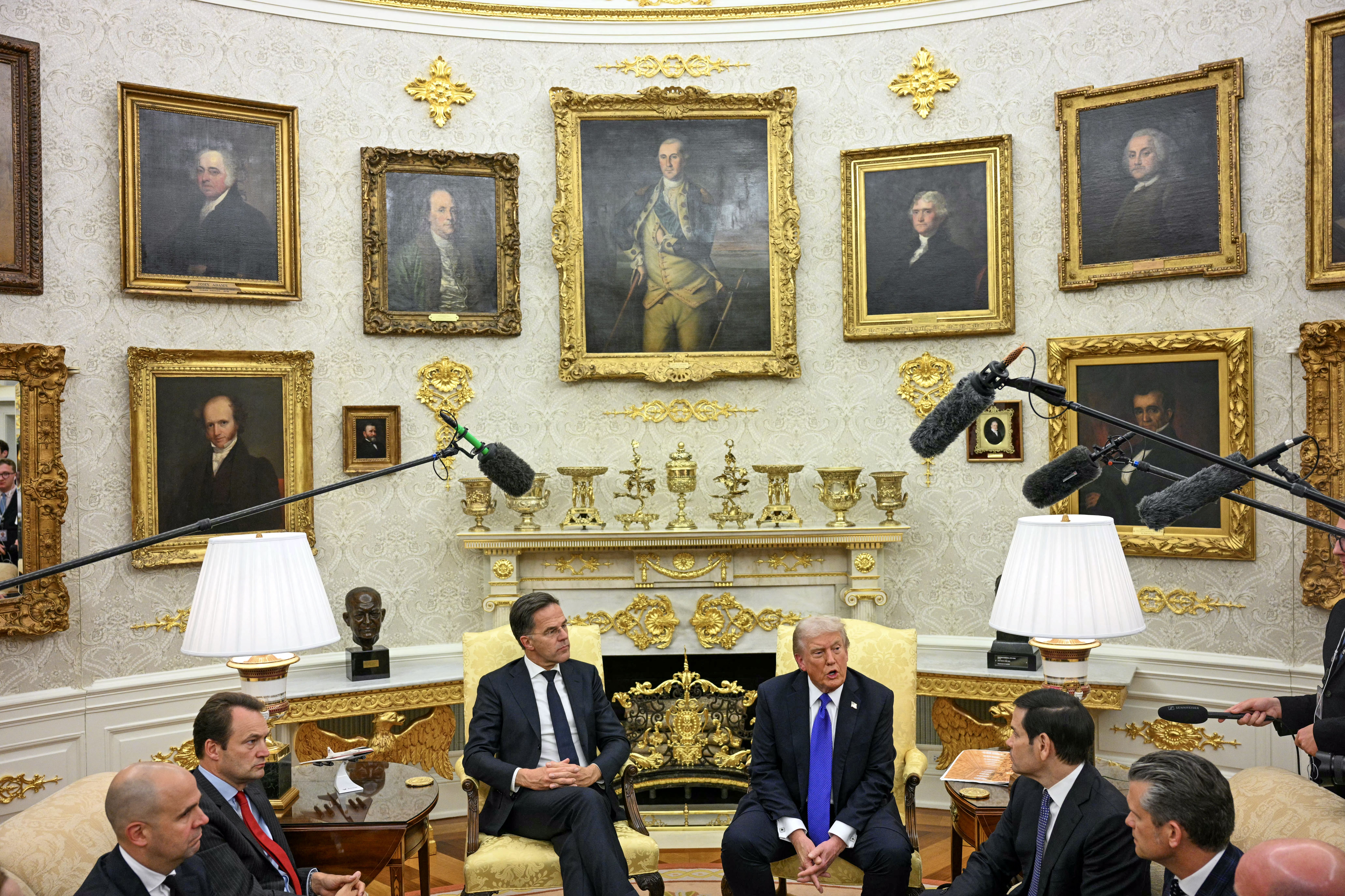 President Donald Trump sits with NATO Secretary General Mark Rutte during a meeting in the Oval Office at the White House in Washington, D.C.