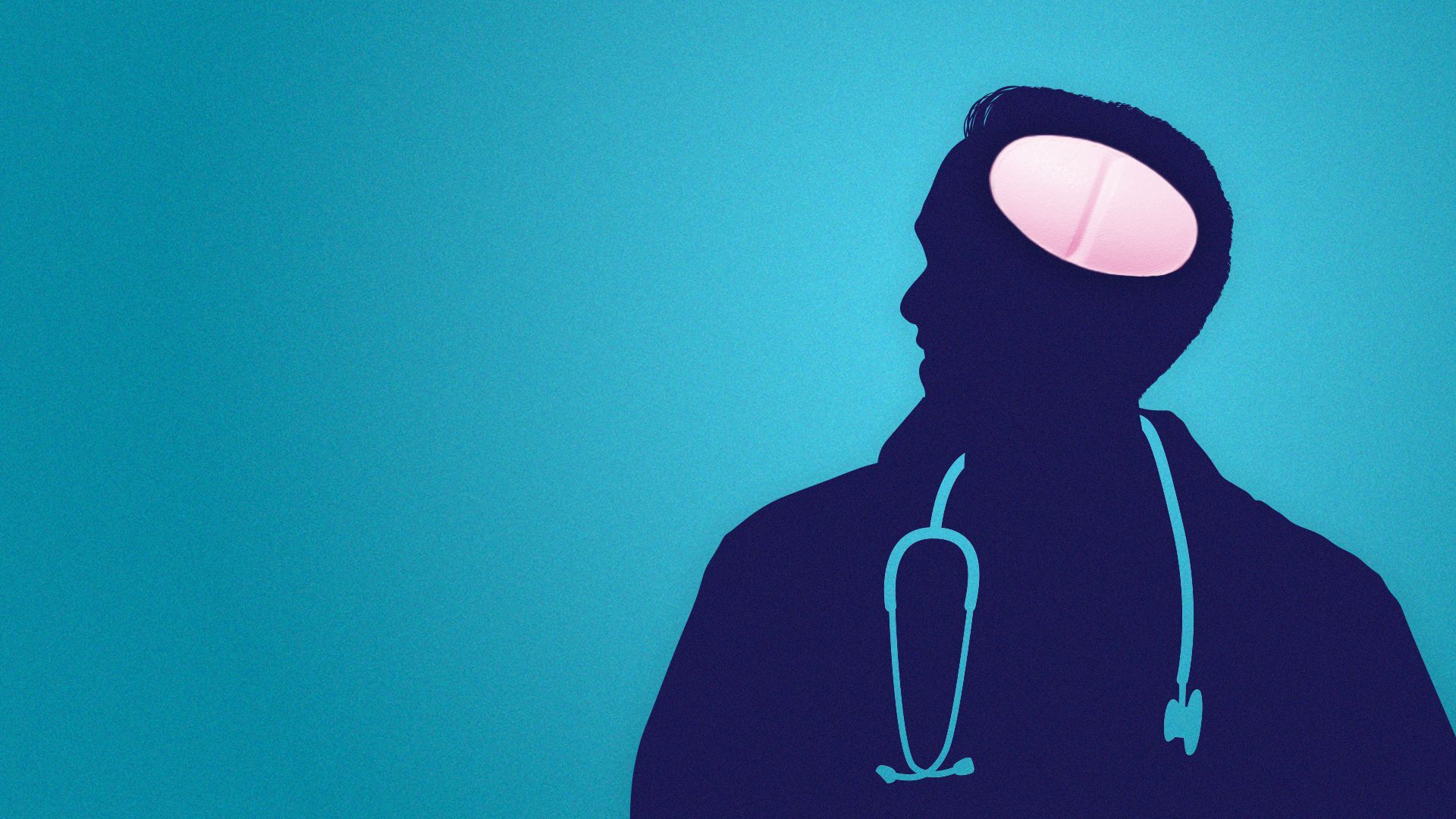 Illustration of a silhouette of a physician with a pill-shaped brain.