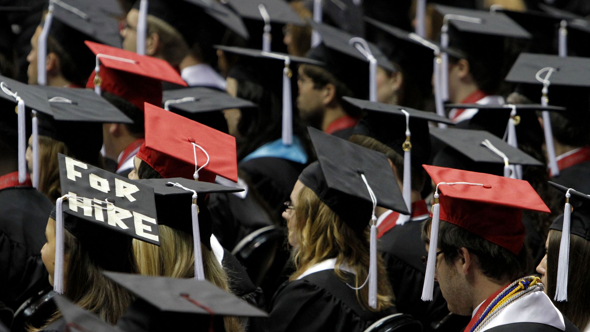 Graduates with caps and tassels on. 