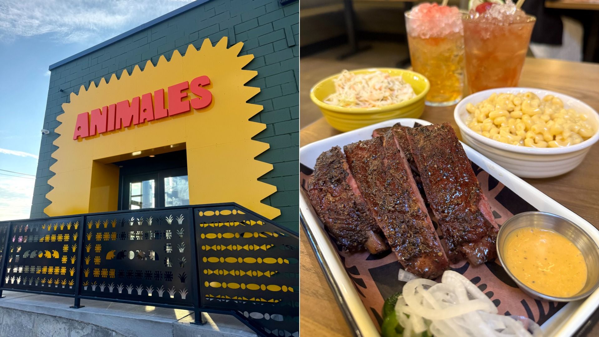 Exterior of a building with a yellow sign reading "ANIMALES" in red, next to a tray of smoked ribs, sliced onions and pickles, coleslaw, mac and cheese, a dipping sauce, and two iced drinks.