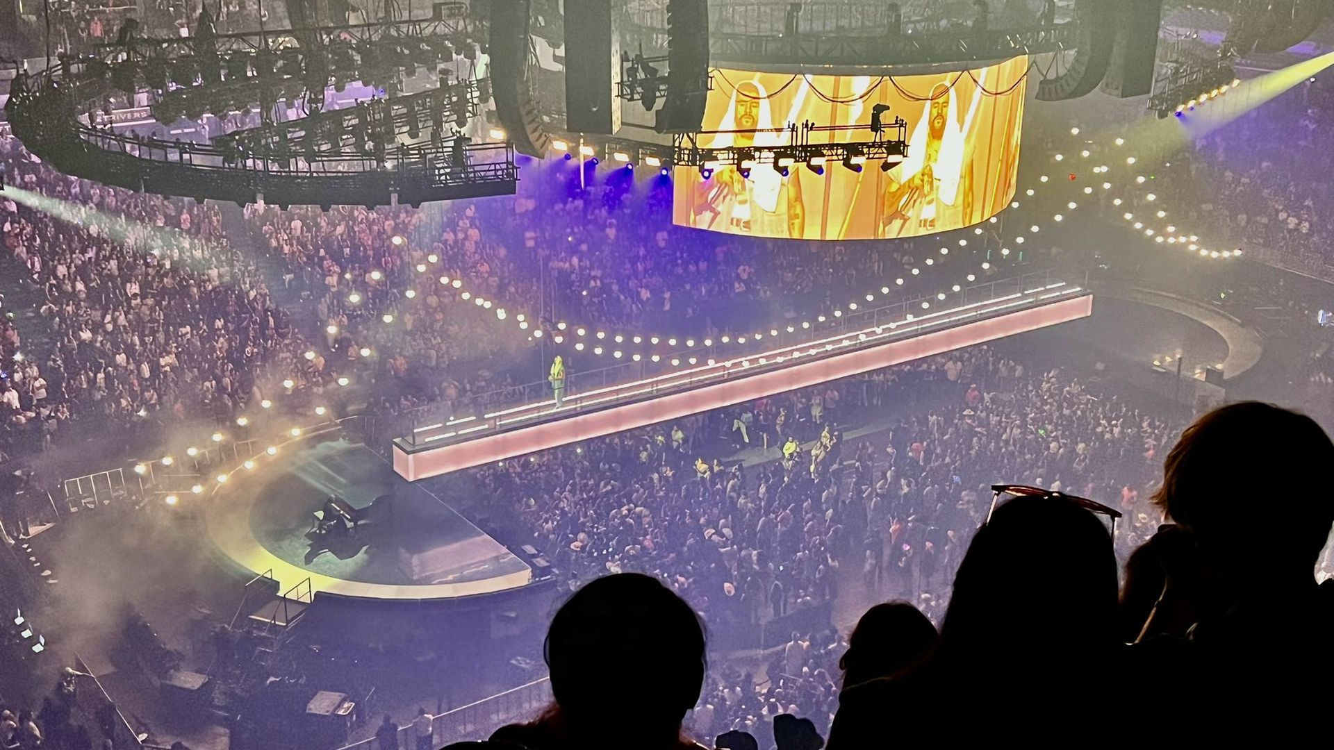 Photo shows a bridge between the stages at the Bad Bunny show in New Orleans.