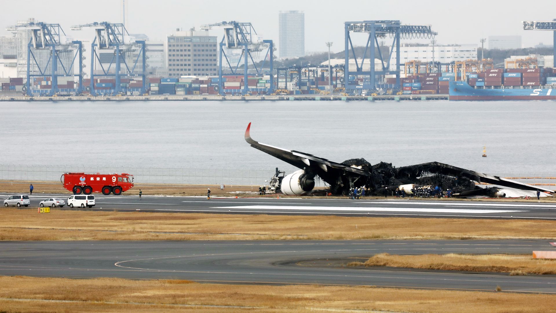 The remains of a Japan Airlines plane that caught fire after striking a Japan Coast Guard aircraft on Dec. 2.
