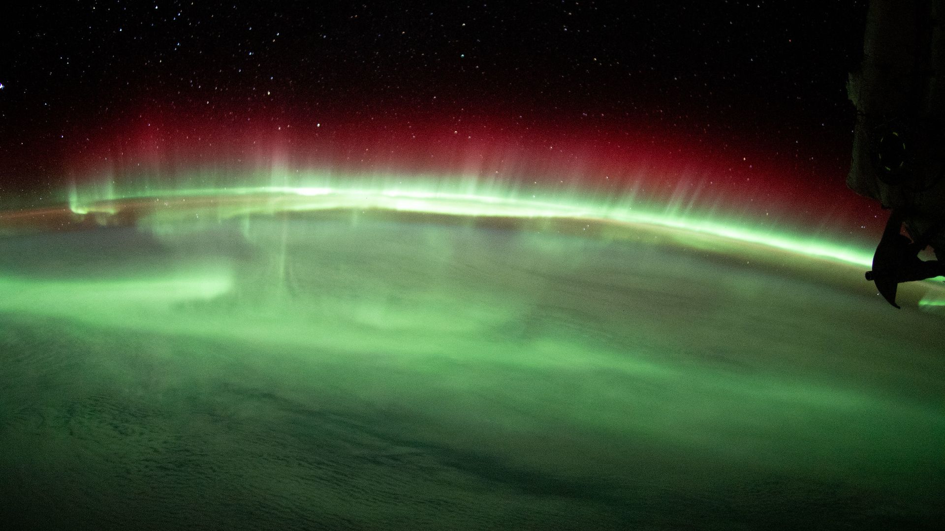 The green and red curtains of the auroras seen from space