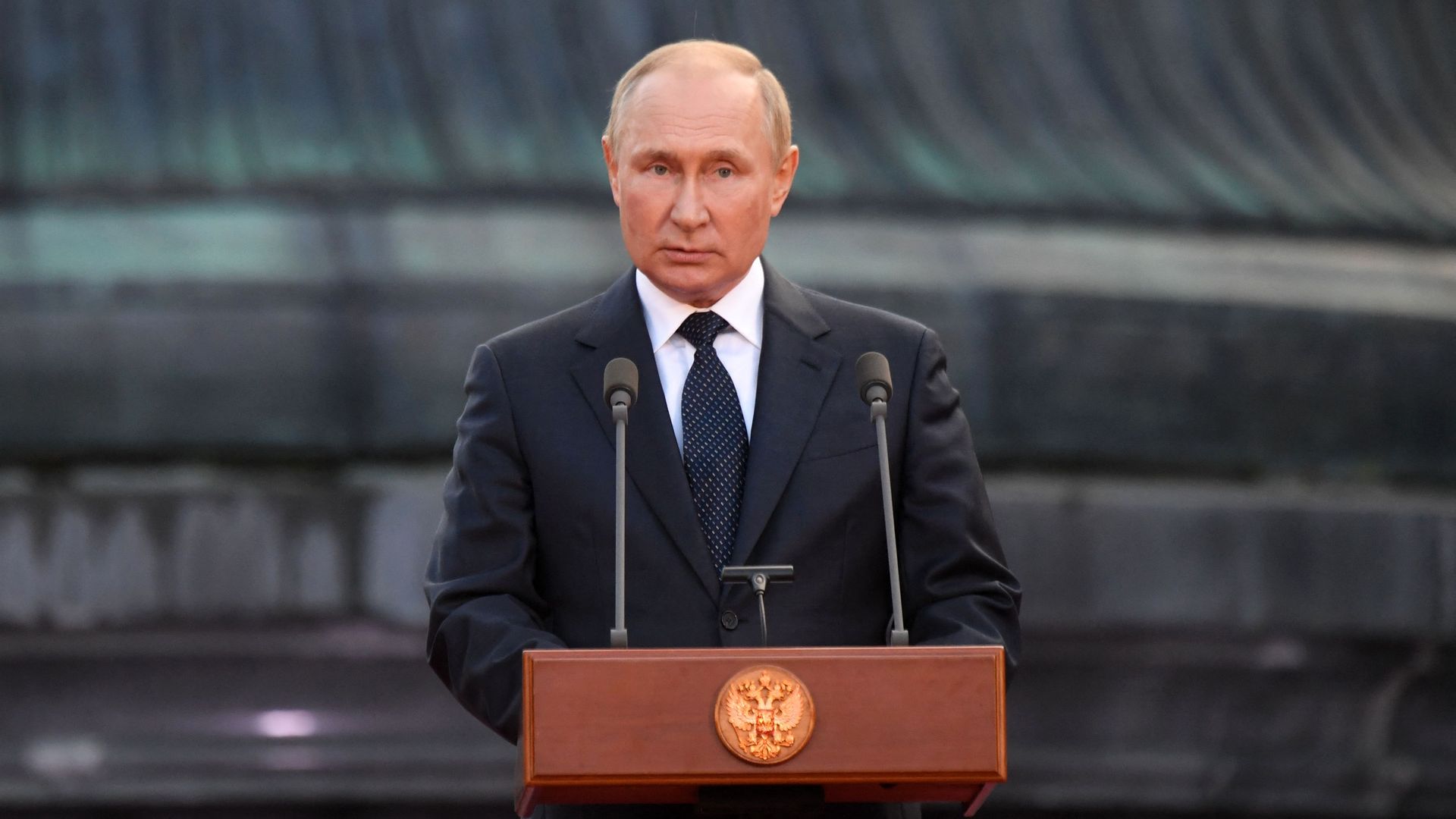 Russian President Vladimir Putin gives a speech during an event to mark the 1160th anniversary of Russia's statehood in Veliky Novgorod on September 21, 2022