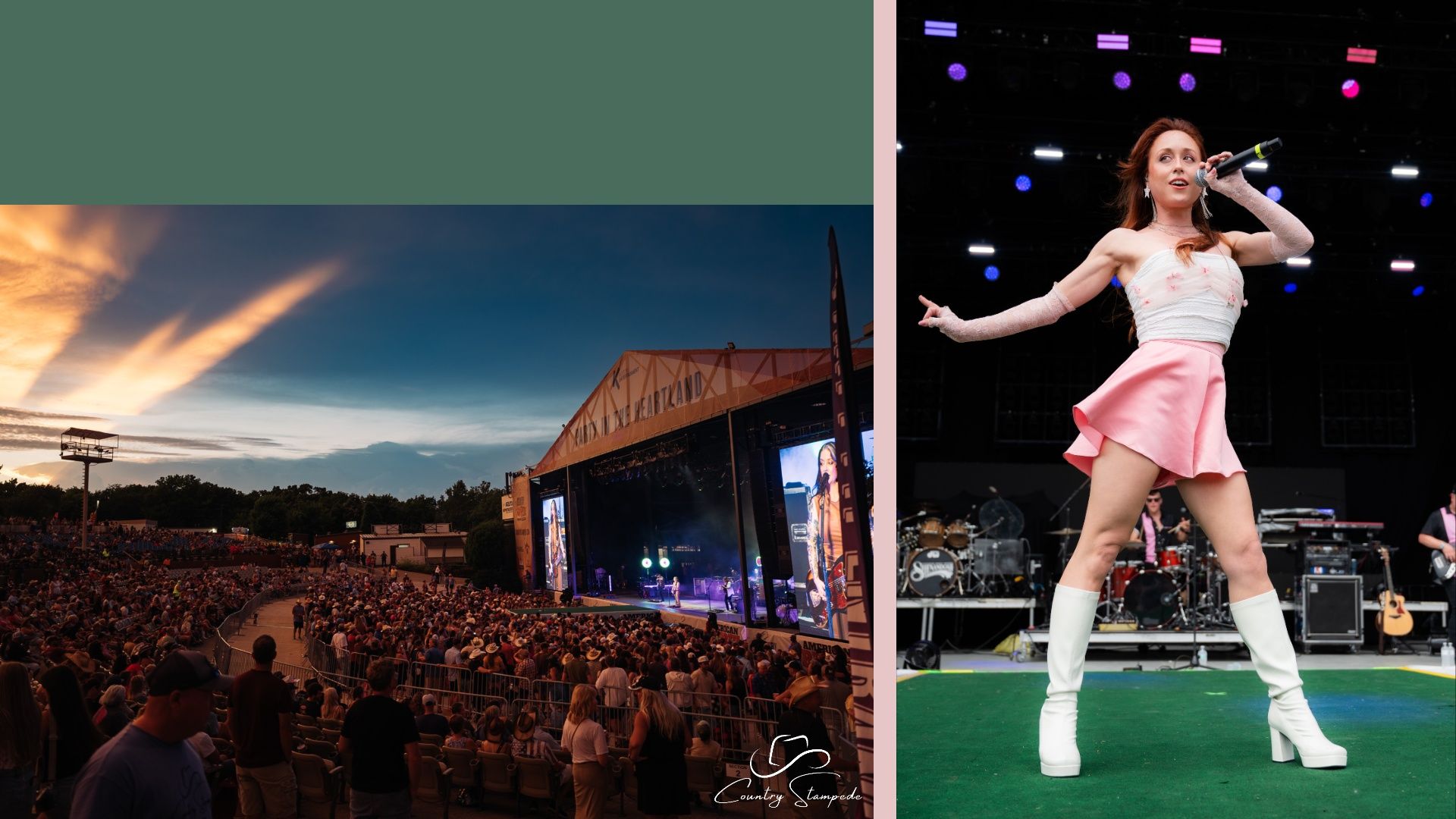 Collage of an outdoor concert: left shows a sunset-lit amphitheater full of spectators; right features a female singer, Casi Joy, in a white top, pink skirt, long pink gloves and white boots singing into a microphone on stage.