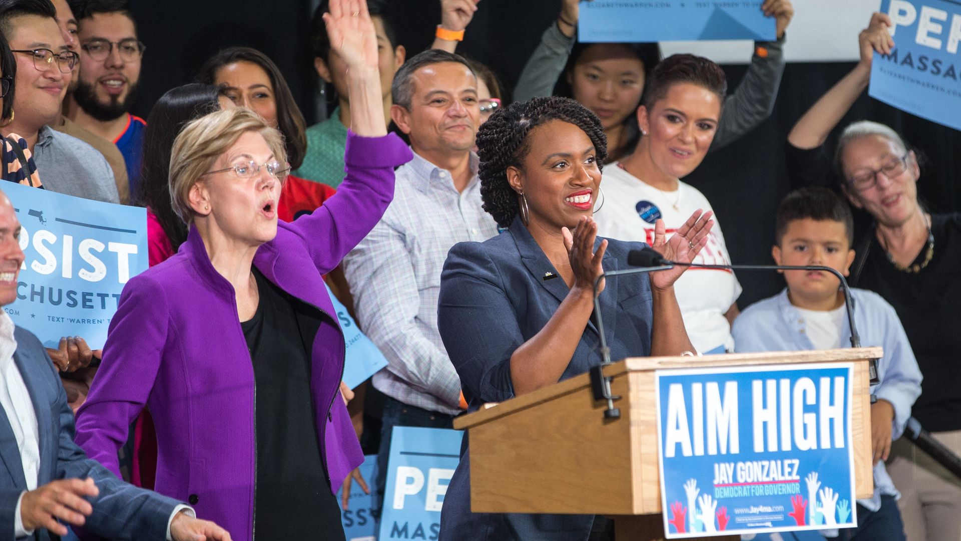 Elizabeth Warren and Ayanna Pressley at a rally.