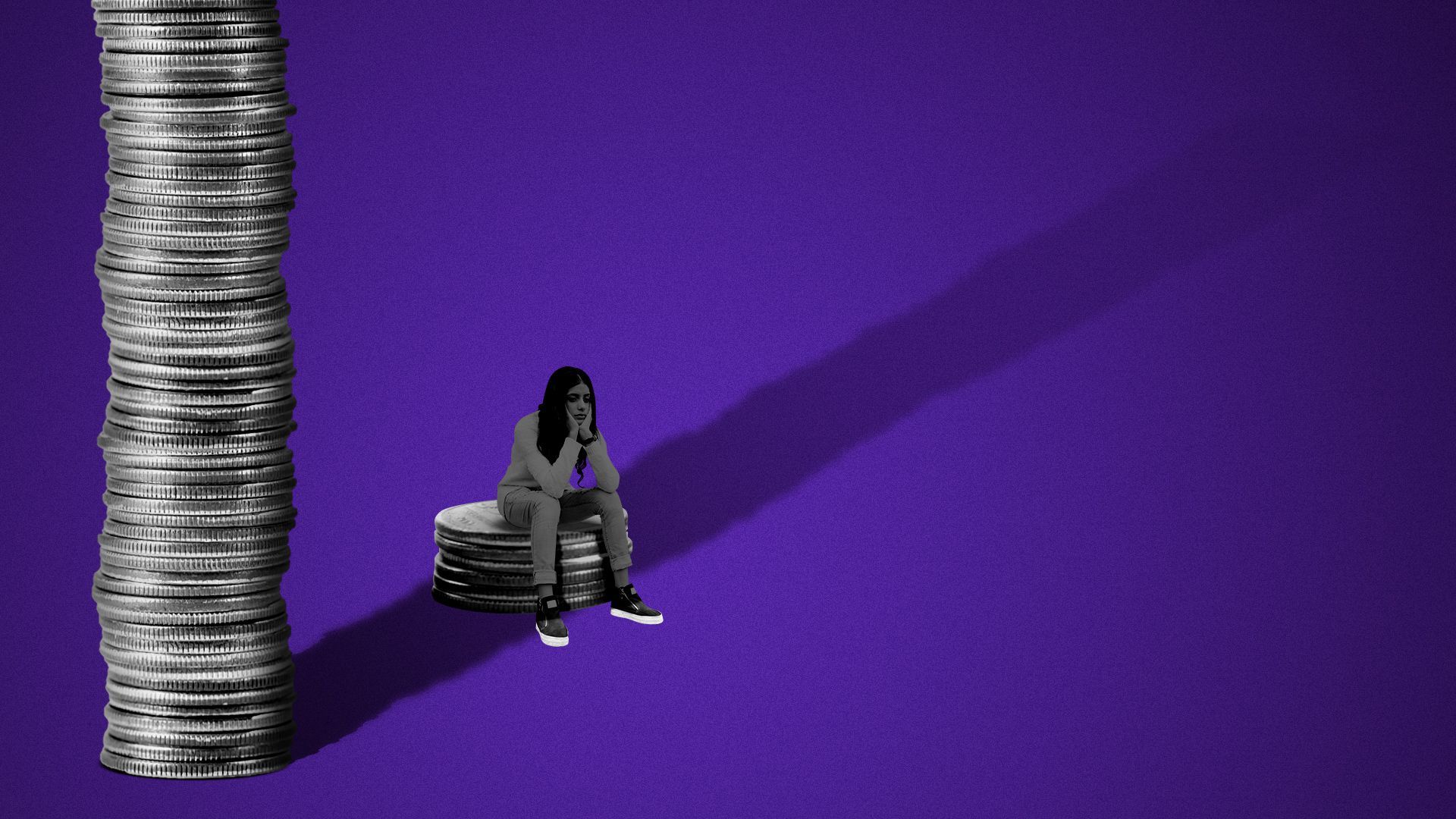 Illustration of a woman sitting on a very small stack of coins
