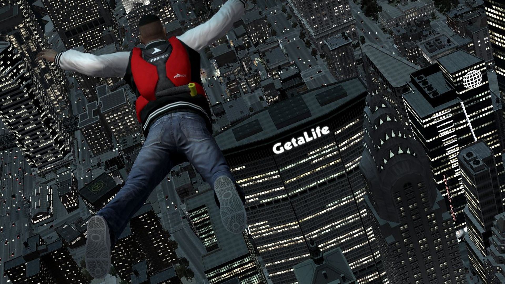 Video game screenshot of a person parachuting over New York City