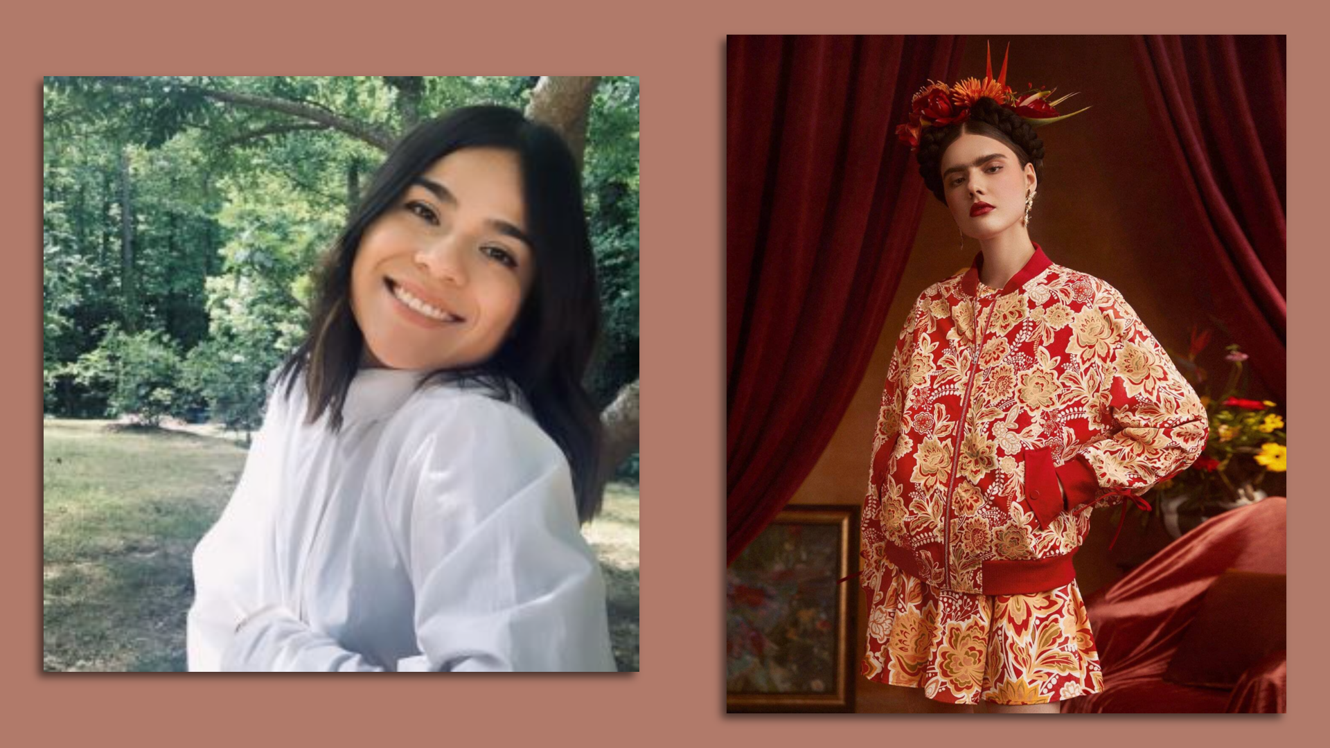 The image to the left displays SHEIN X designer Veronica Ramirez. The right image displays her clothing design, which is inspired by Mexican painter Frida Kahlo.