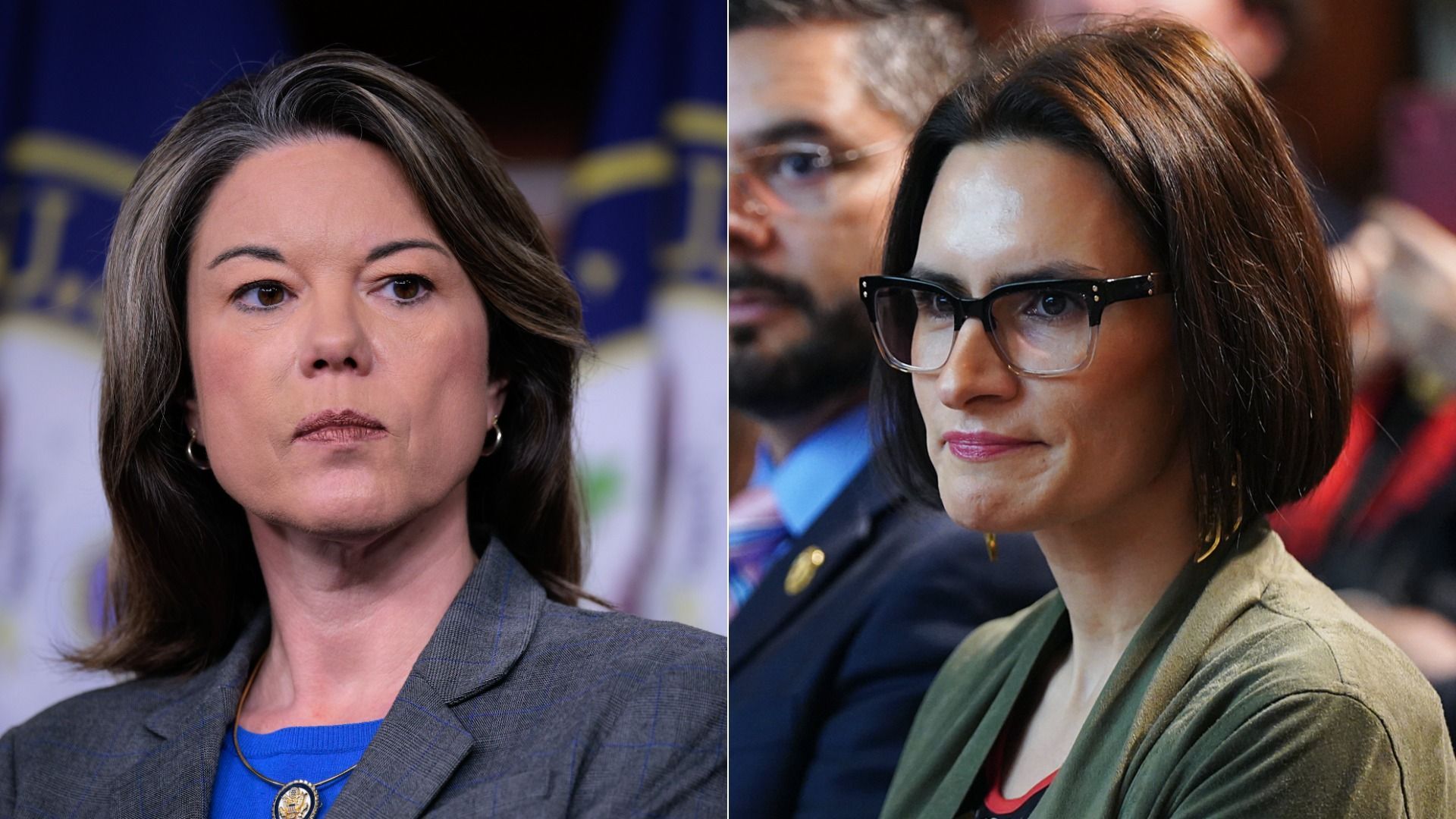Split-image of two women at a formal event. Left: shoulder-length gray-brown hair, gray blazer, blue top, serious expression. Right: short dark hair, glasses, green jacket, lipstick, subtle smile.