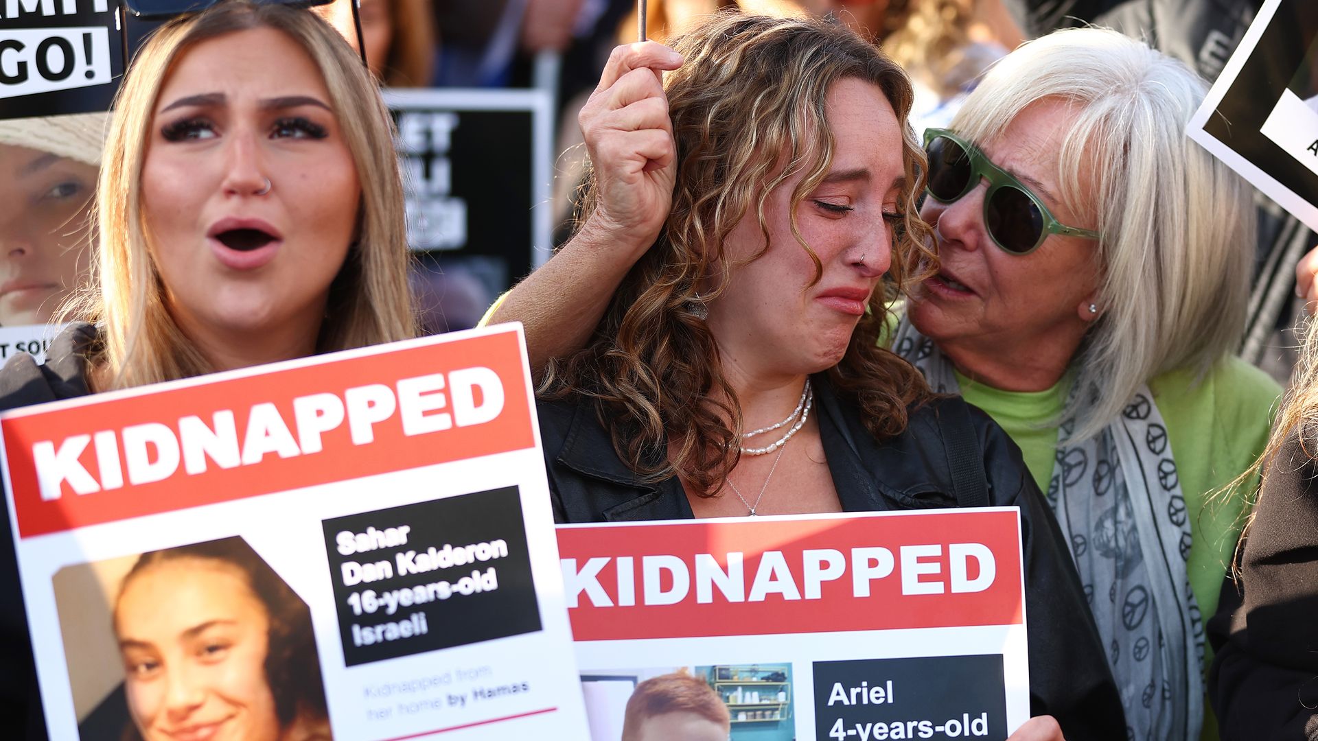 Protesters in London call for the release of hostages in Gaza on Monday, holding up signs that say "Kidnapped."