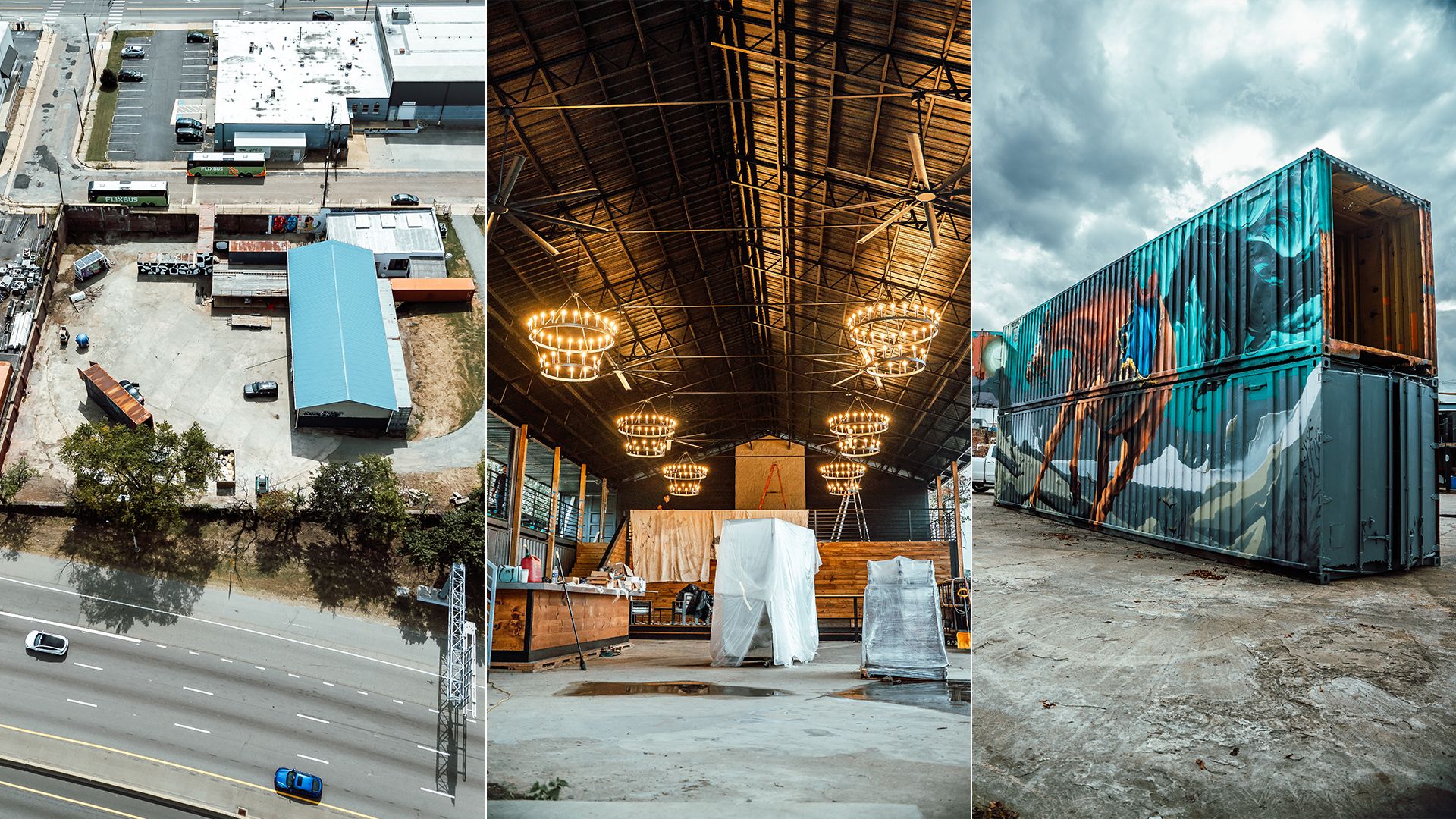 A trio of images showing an aerial view of an rink space, muraled shipping containers and interior event space with chandliers 