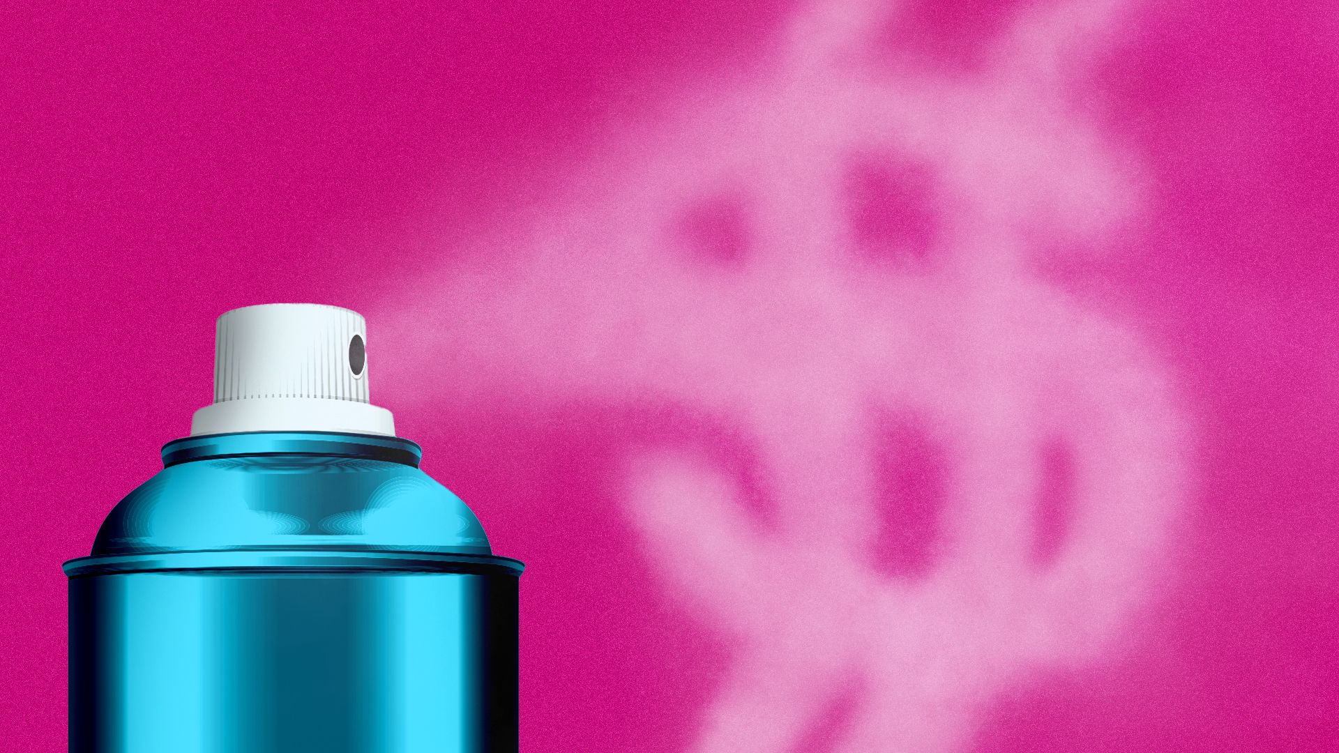 illustration of a can of hairspray spraying out product in the shape of a money sign 