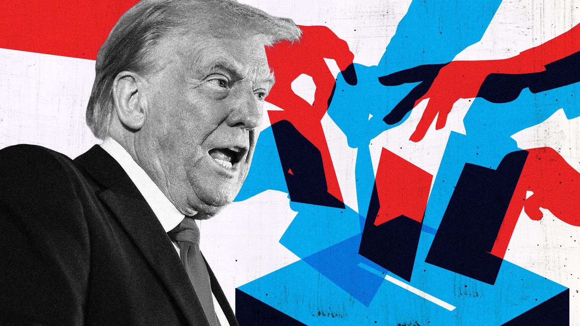 Photo illustration of Donald Trump in front of multiple hands dropping ballots into a ballot box.