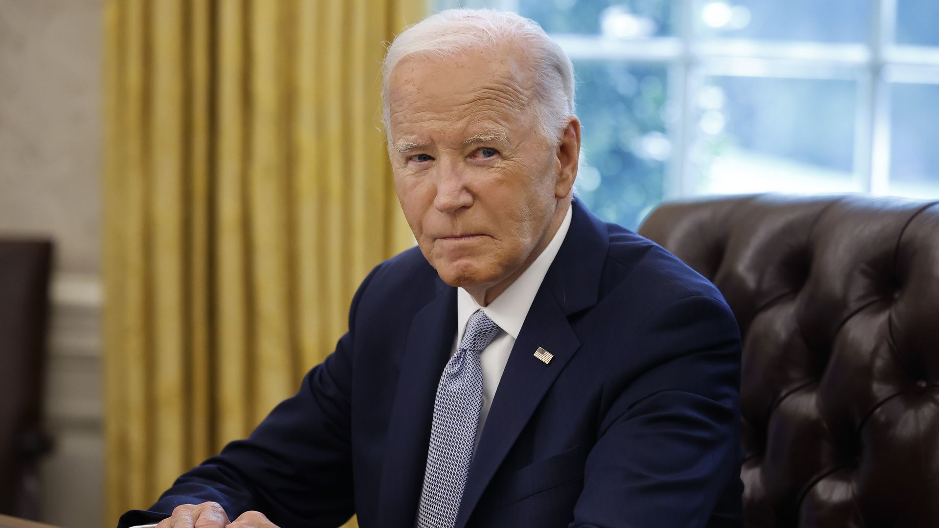 President Joe Biden speaks to members of the news media while receiving a briefing about the ongoing wildfire season in the Oval Office at the White House on September 17, 2024 in Washington, DC. Biden heard from Interior Secretary Deb Haaland, Agriculture Secretary Tom Vilsack, Oregon Governor Tina