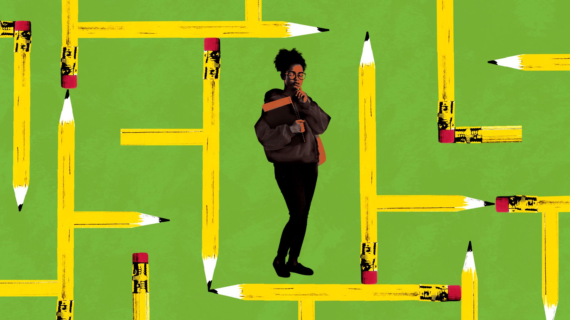 Illustration of a student at the center of a maze made from pencils.