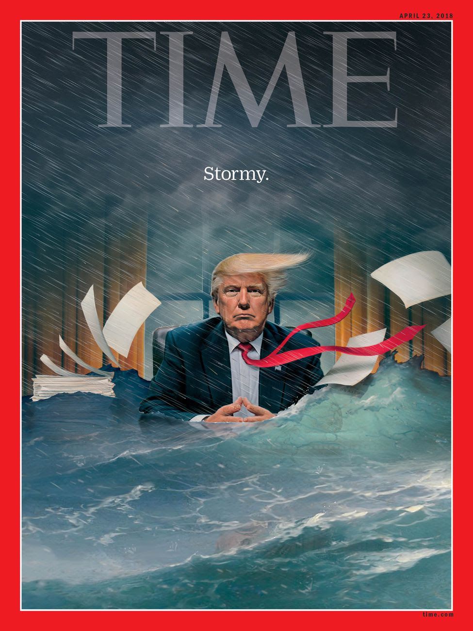 A TIME cover of Trump sitting in a stormy and flooded Oval Office