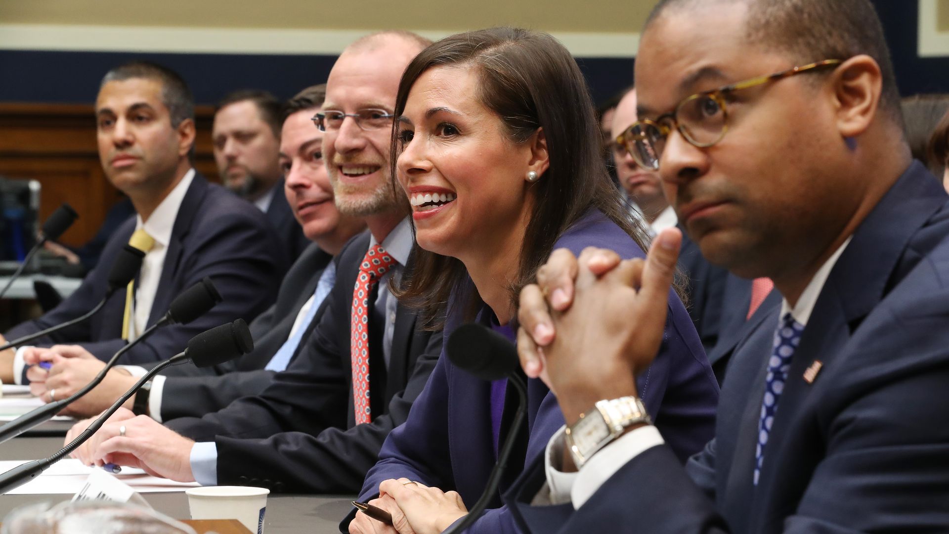 A photo of all five FCC commissioners testifying before the House Energy & Commerce Committee.