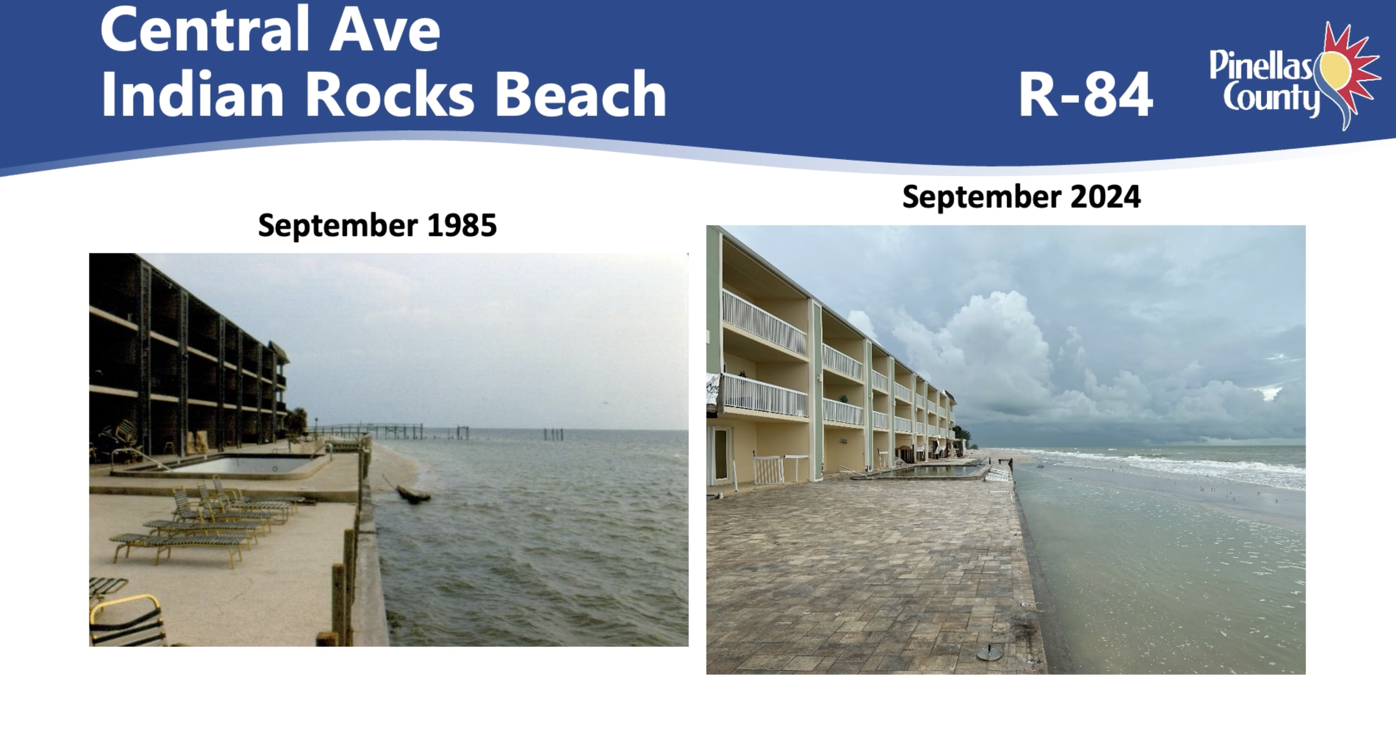 Images side by side showing an eroded beach in September 1985 and September 2024. In both photos, water goes up to the seawall.
