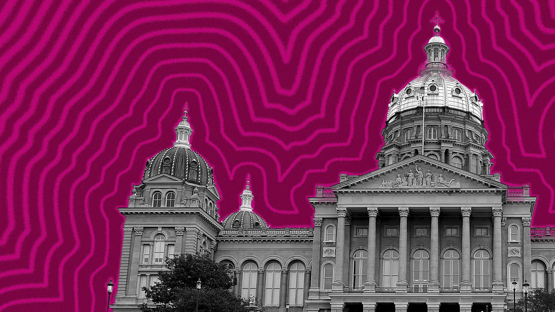 Illustration of the Iowa State Capitol building with lines radiating from it.