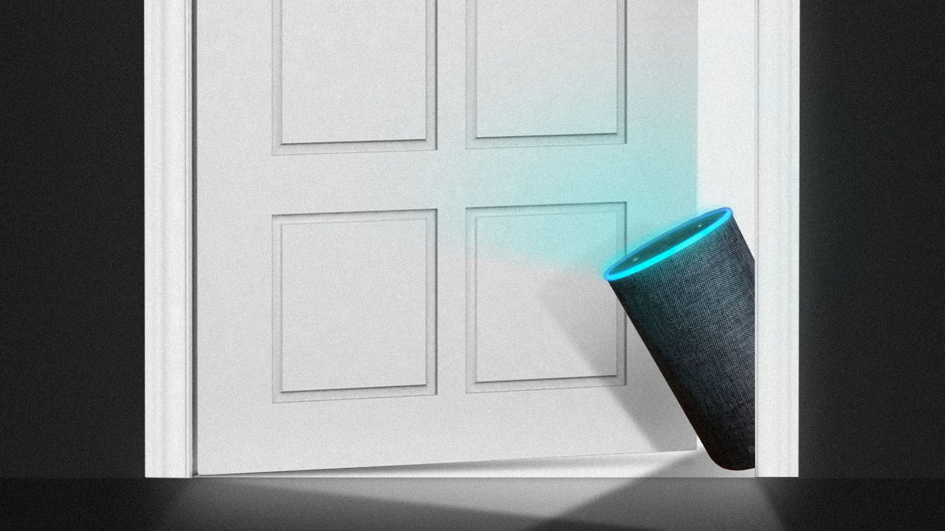 Illustration of an Amazon Echo smart speaker peaking out from behind a door