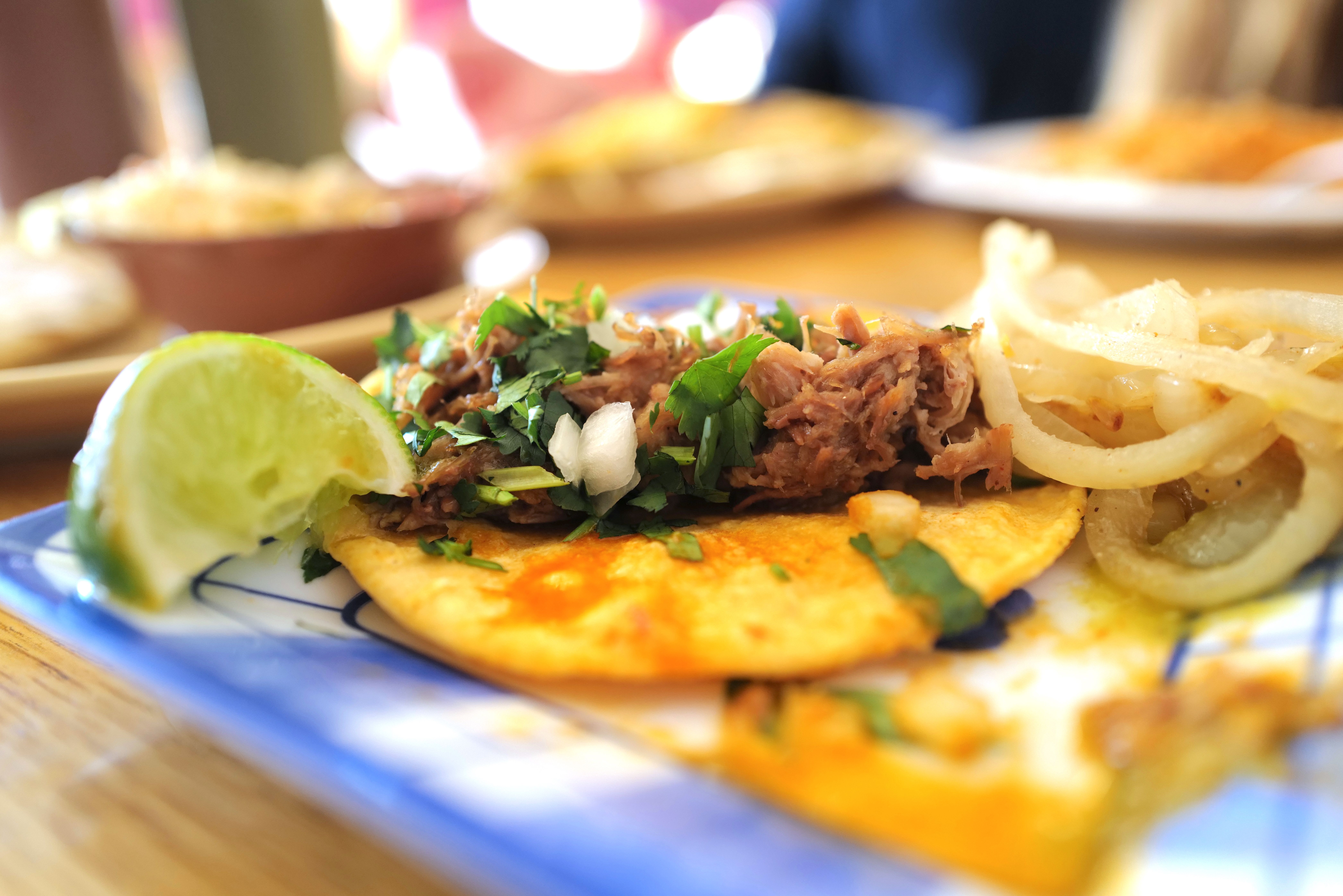 A beef street taco on a plate. 