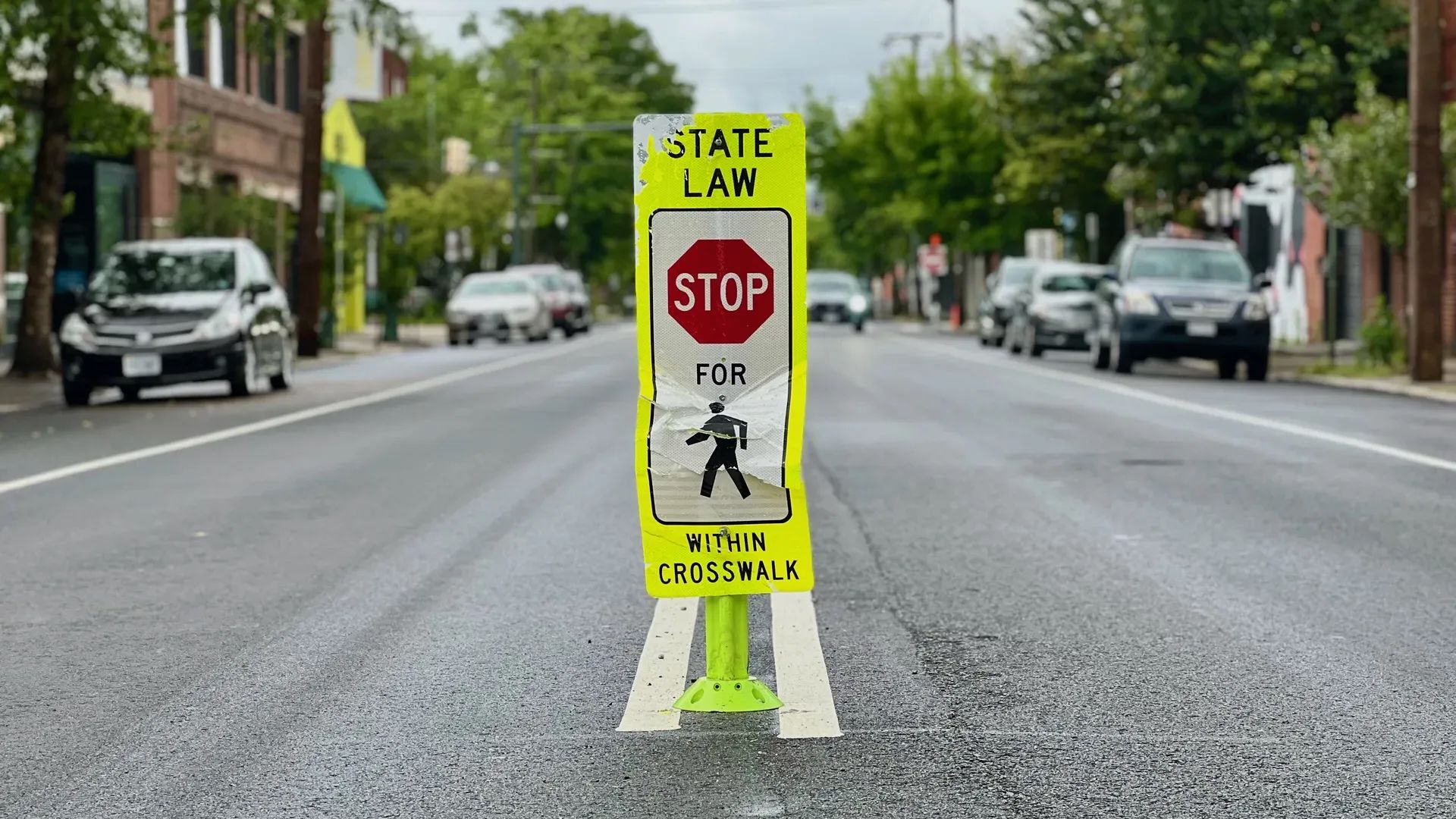 Yellow pedestrian crossing sign on a street median reads "STATE LAW STOP FOR" with a pedestrian figure and "WITHIN CROSSWALK" on a gray road with cars parked on both sides.