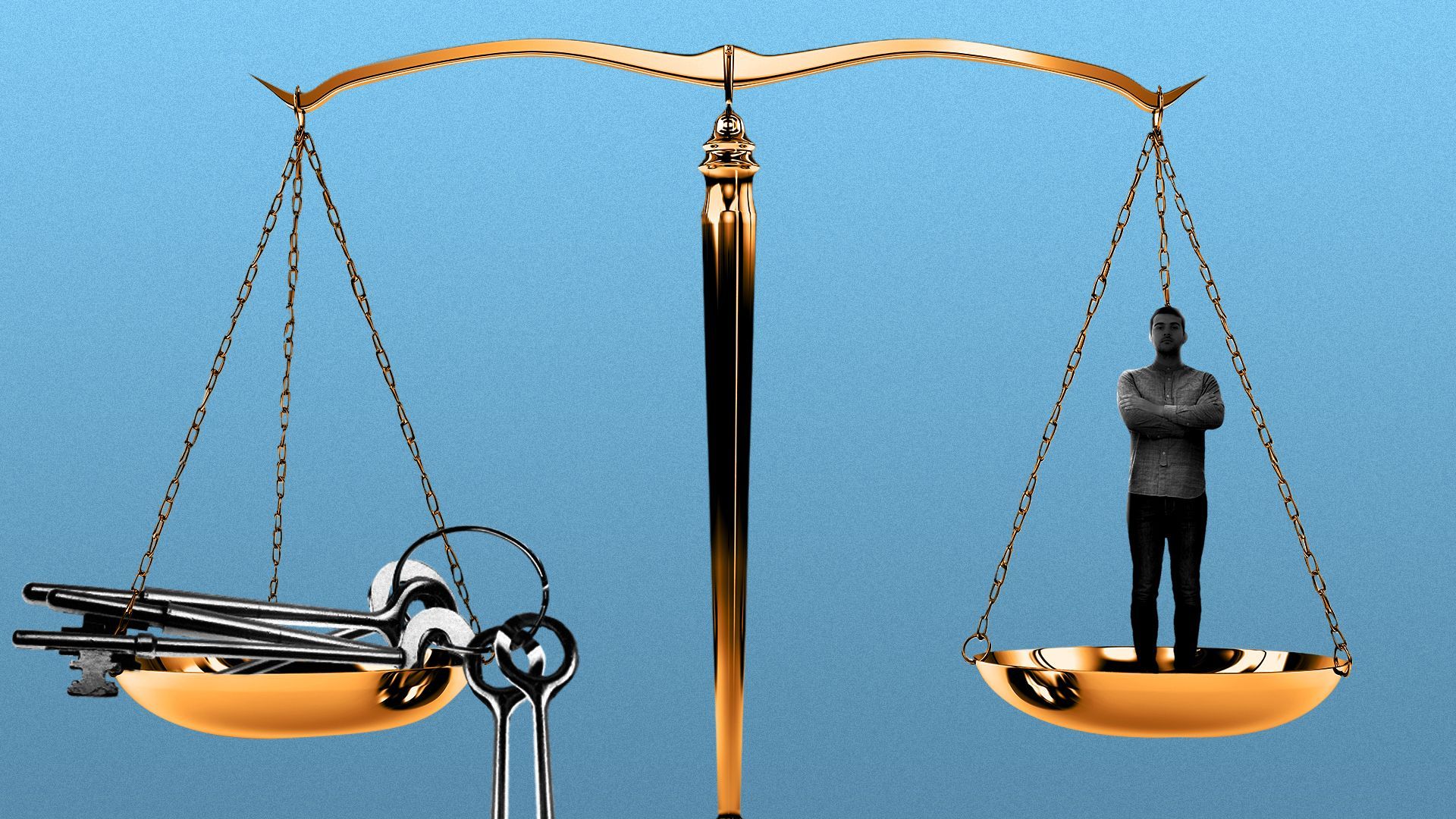 Illustration of a ring of many keys and a man on a balanced scale of justice.
