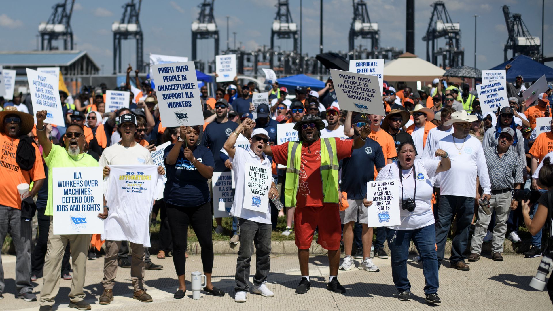 Dockworkers gather at the Bayport Container Terminal in Seabrook, Texas, on October 1, 2024. 