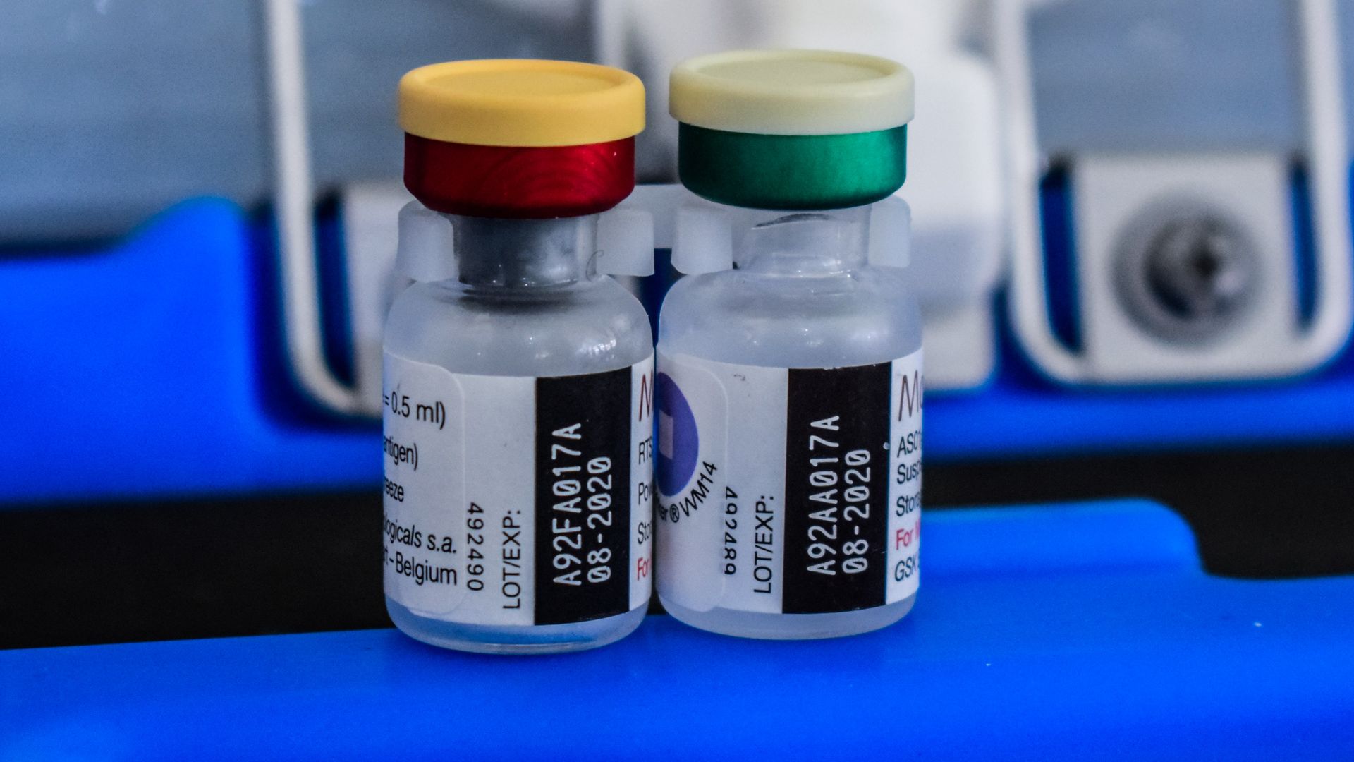 A picture of the new malaria vaccine in vials.
