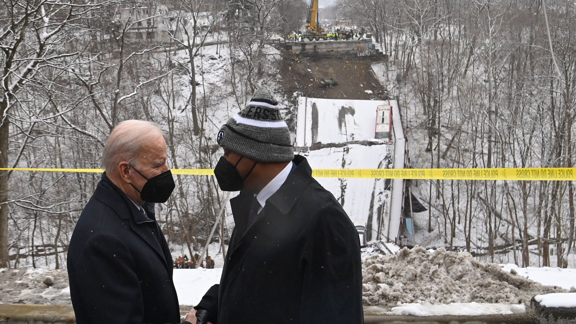 President Joe Biden and the Mayor of Pittsburgh Ed Gainey visit the scene of the Forbes Avenue Bridge collapse over Fern Hollow Creek in Frick Park in Pittsburgh, Pennsylvania, January 28, 2022