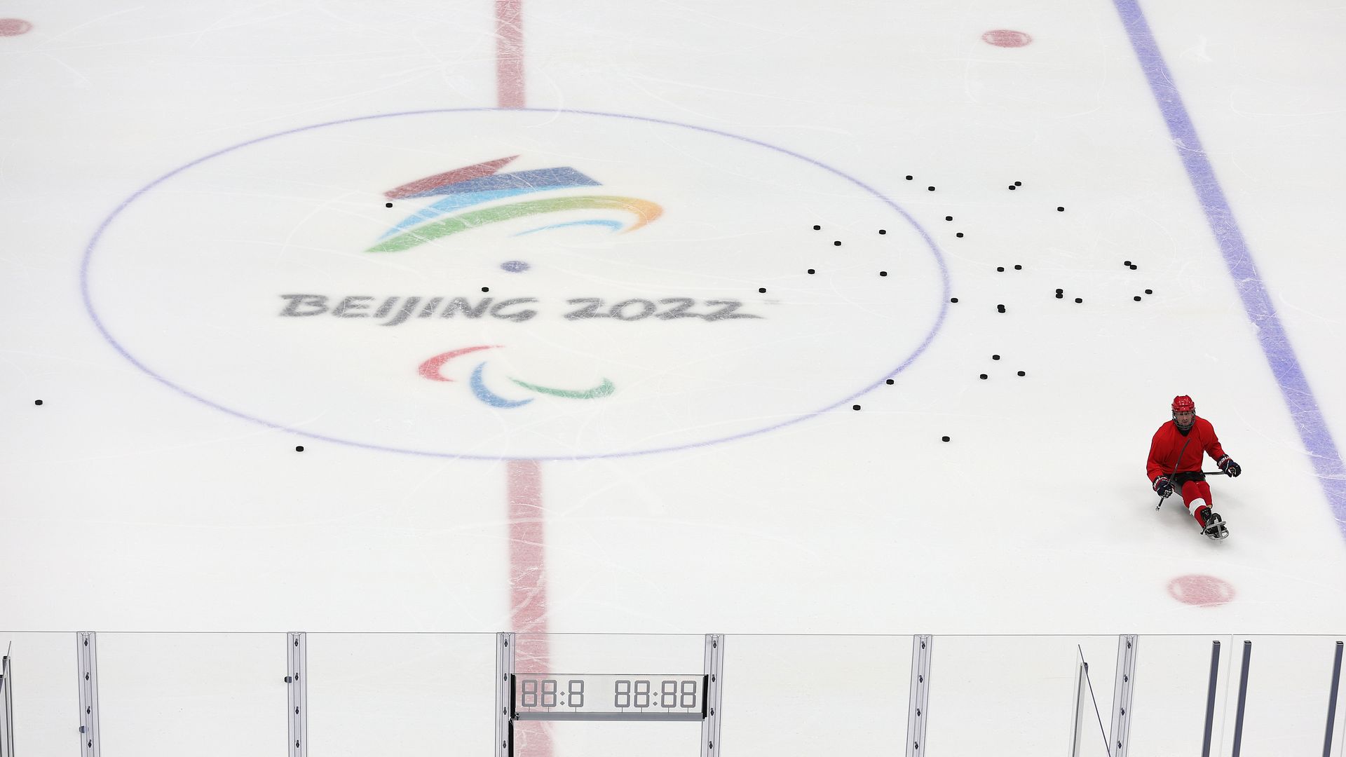A general view of athletes warming up during a Russian Paralympic Committee Para Ice Hockey training session at National Indoor Stadium on March 03, 2022 in Beijing, China.