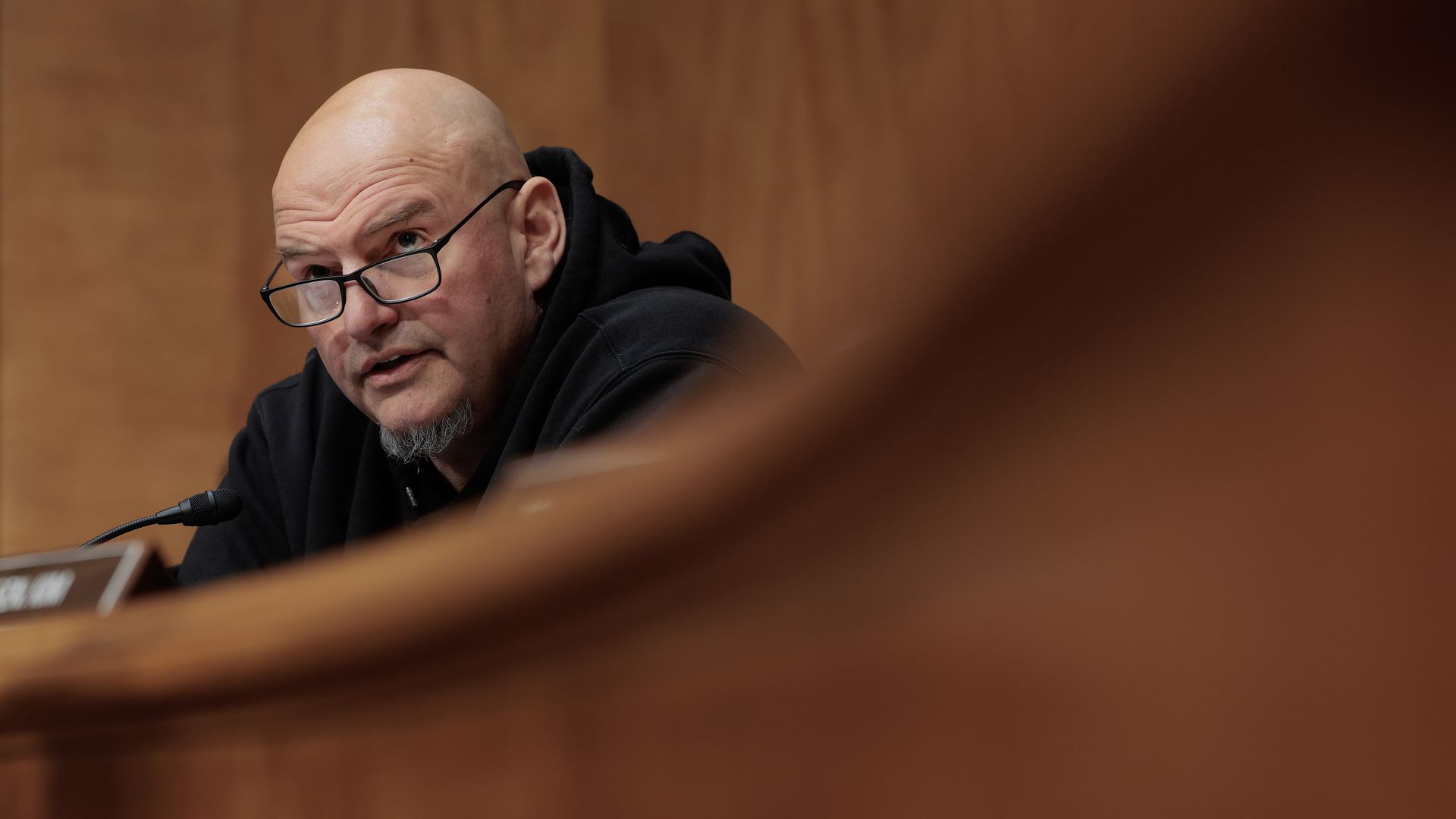 WASHINGTON, DC - FEBRUARY 12: U.S. Sen. John Fetterman (D-PA) speaks during a hearing on oversight of the Department of Homeland Security before the Senate Homeland Security and Governmental Affairs Committee in the Dirksen Senate Office Building on February 12, 2026 in Washington, DC. The Departmen