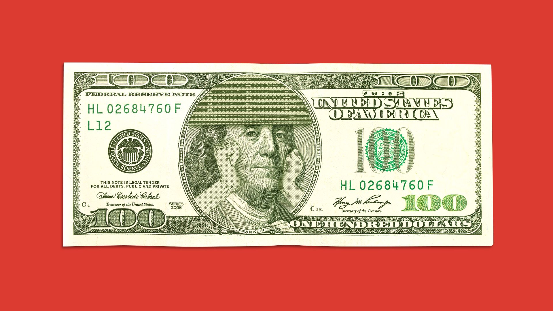 Illustration of a hundred dollar bill showing Benjamin Franklin with his head in his hands, the frame around his head has blinds as if he is looking out of a window, bored. 