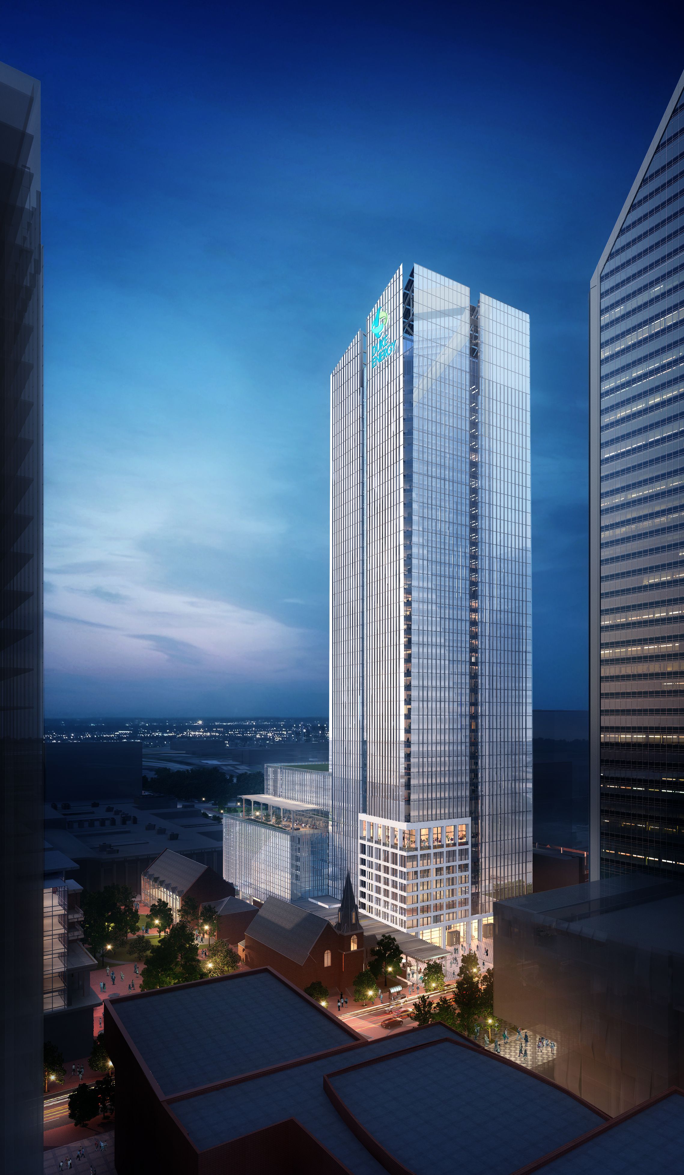 A rendering of the Charlotte Metro Tower with glass exterior and 40 stories tall