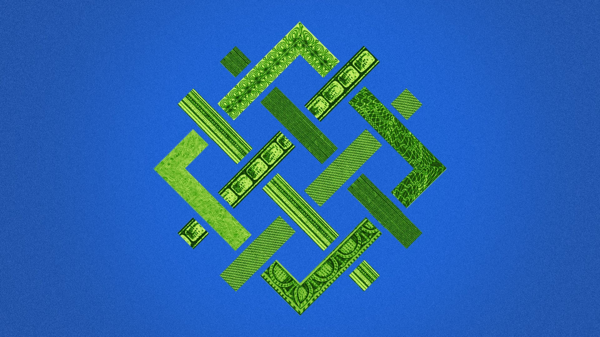 Illustration of the World Resources Institute logo made out of pieces of money textures and patterns. 