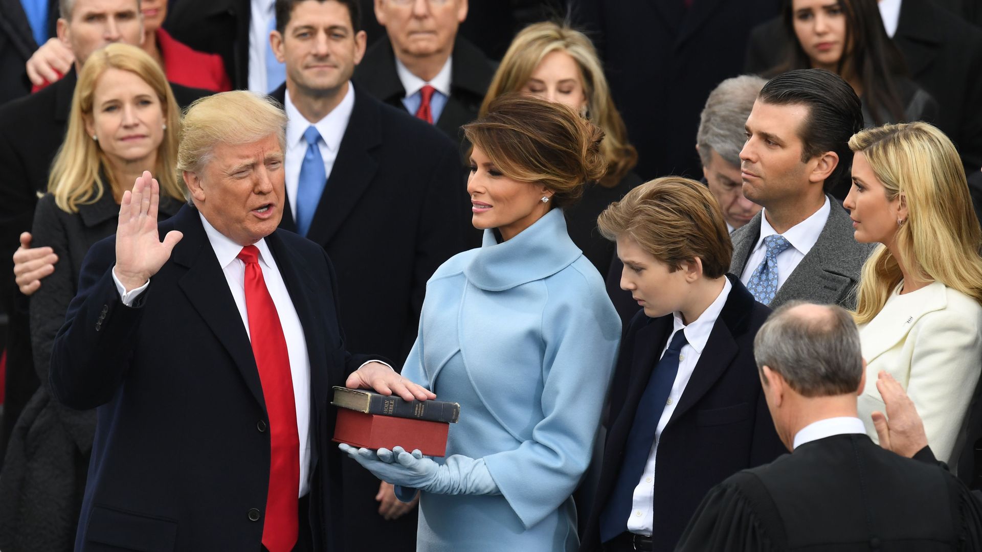 Photo of Donald Trump with his left hand on a Bible and his right hand raised as he is sworn into office