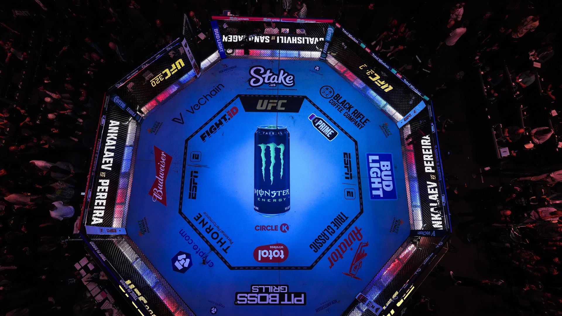 A UFC octagon, lit in blue