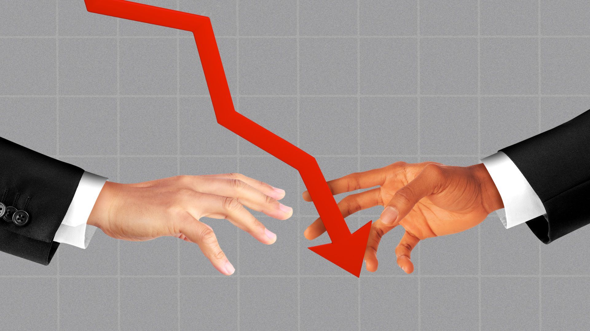 Illustration of two hands about to shake, but being kept apart by a downward trending arrow. 
