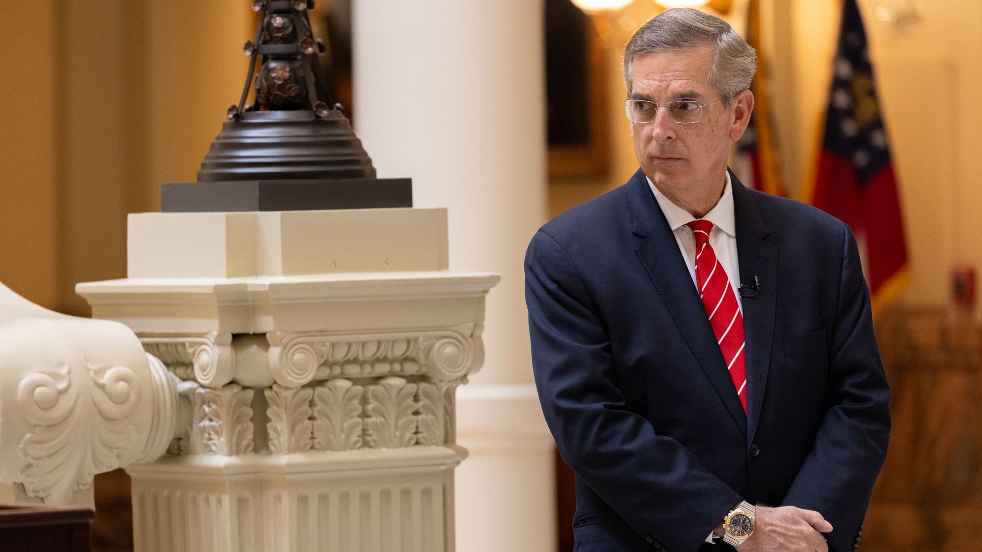  Georgia Secretary of State Brad Raffensperger is seen at a press conference providing an update on early voting in Atlanta, Georgia on October 30, 2024. 