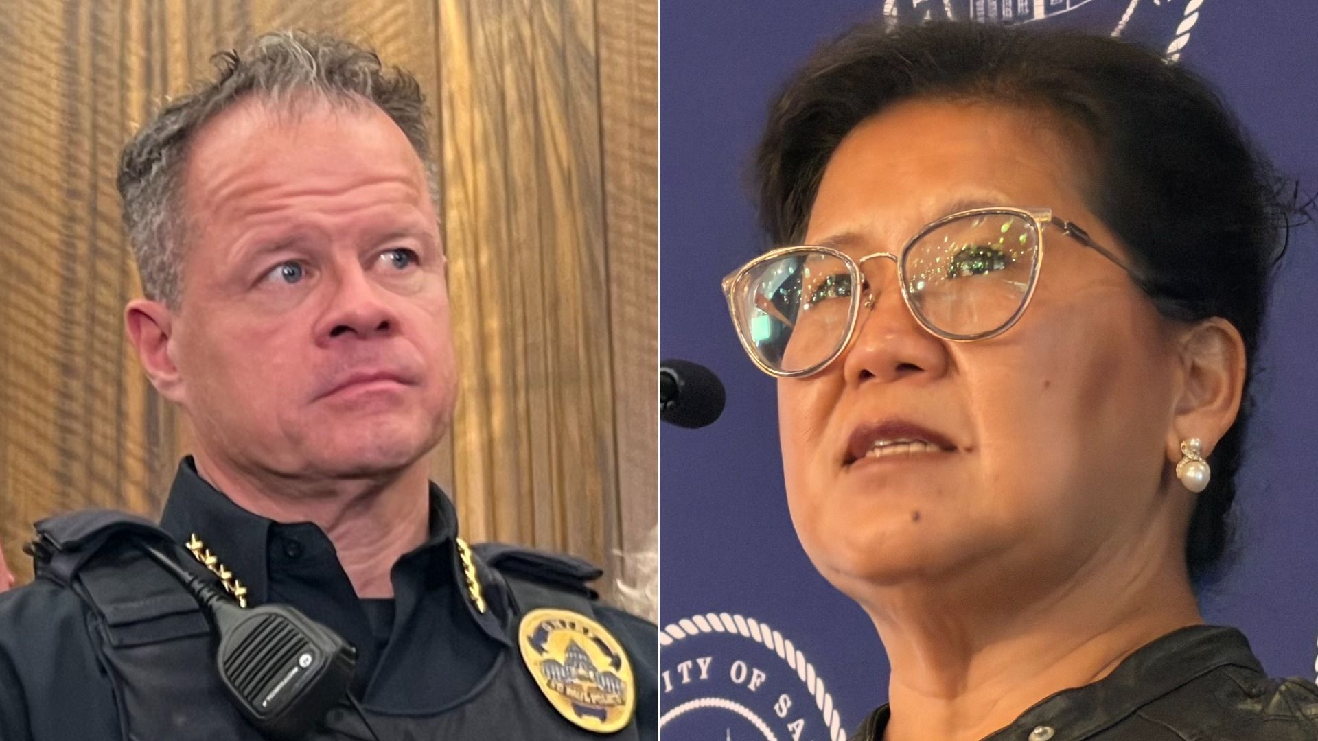 Split image: left a male police officer in black uniform with a badge, looking sideways; right a woman with large round glasses and pearl earrings speaking into a microphone against a blue background.