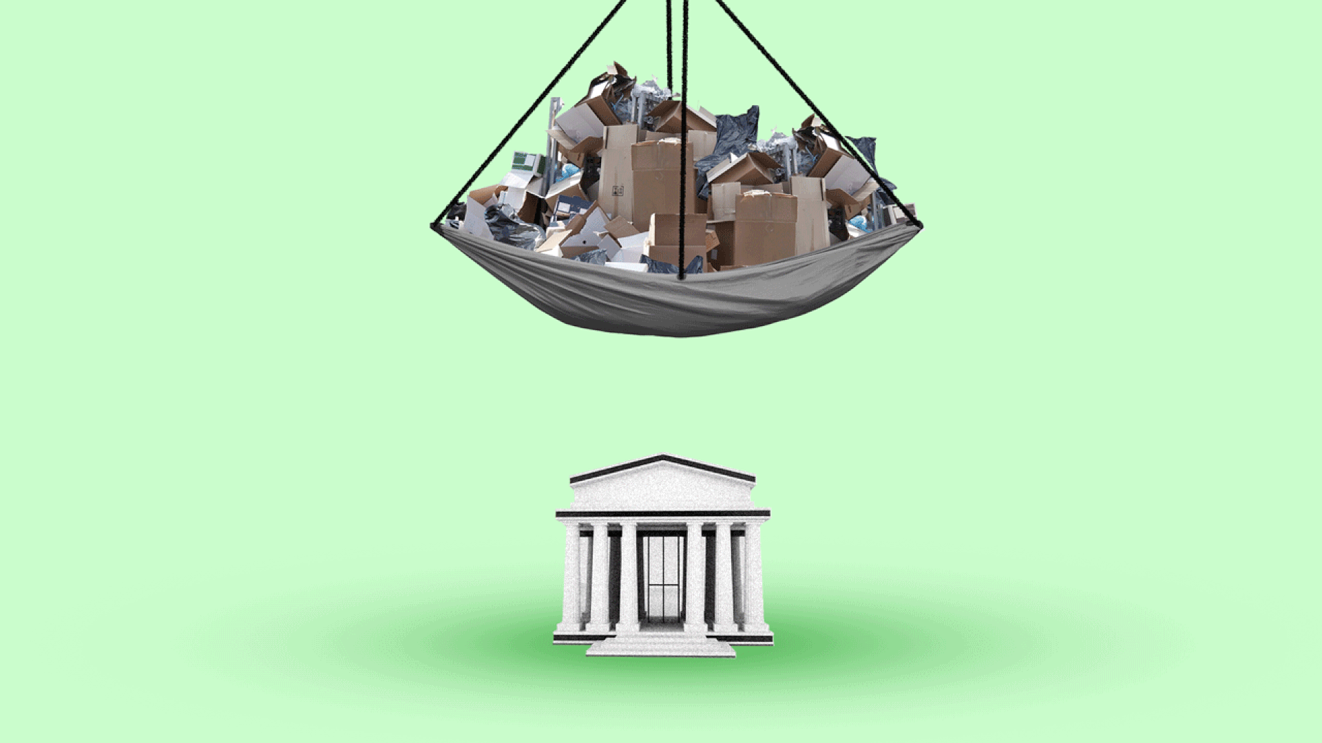 Illustration of a pile of junk swinging back and forth over a bank.