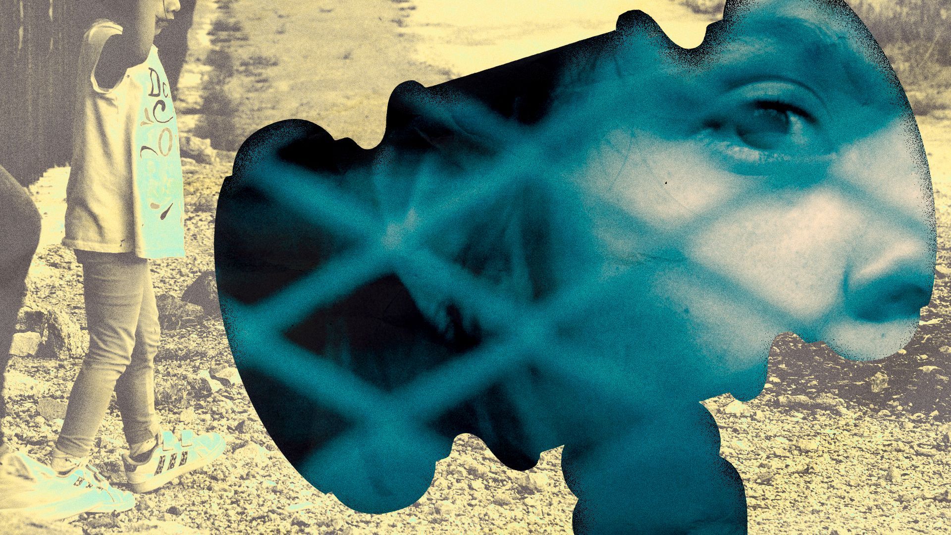 Photo illustration collage of migrant children and an abstracted gavel shape.