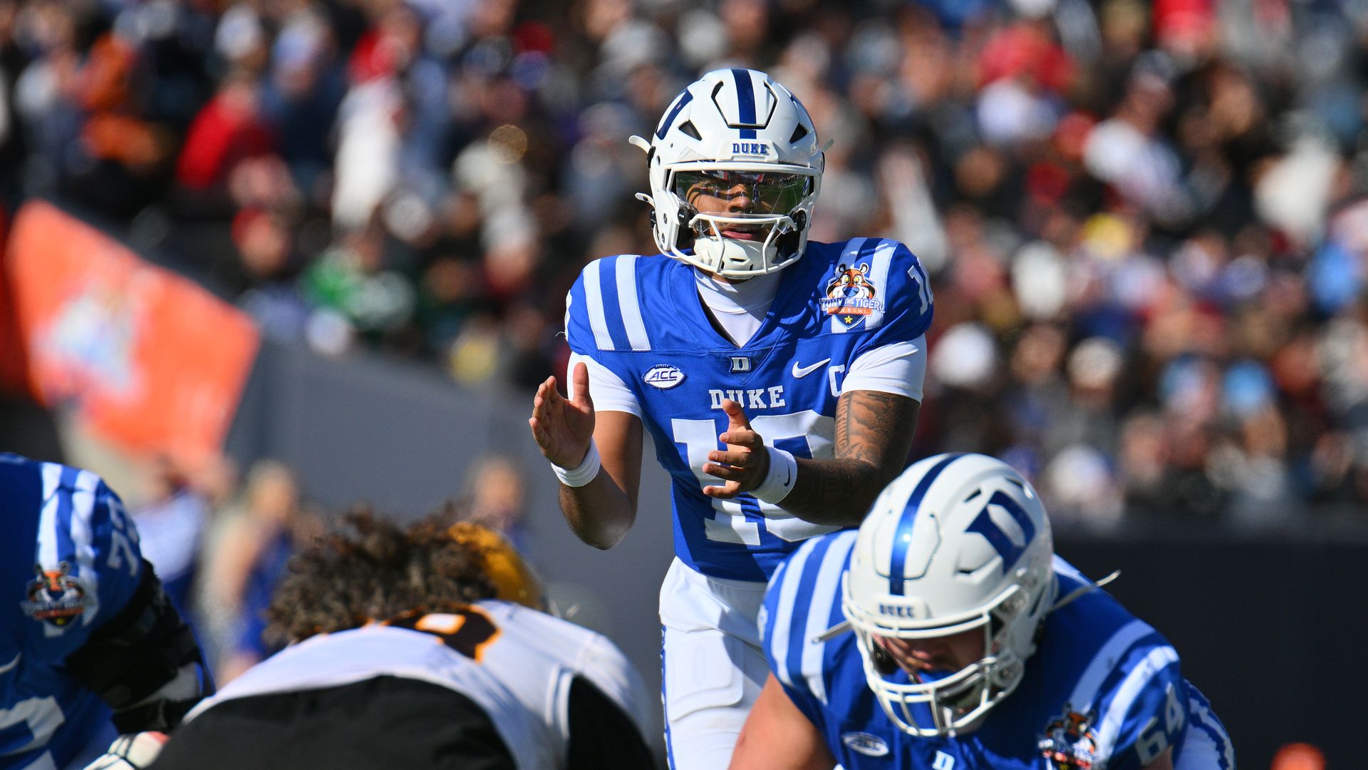 EL PASO, TEXAS - DECEMBER 31: Quarterback Darian Mensah #10 of the Duke Blue Devils lines up before the snap during the first half of the Tony The Tiger Sun Bowl game against the Arizona State Sun Devils at Sun Bowl Stadium on December 31, 2025 in El Paso, Texas. The Blue Devils defeated the Sun Dev