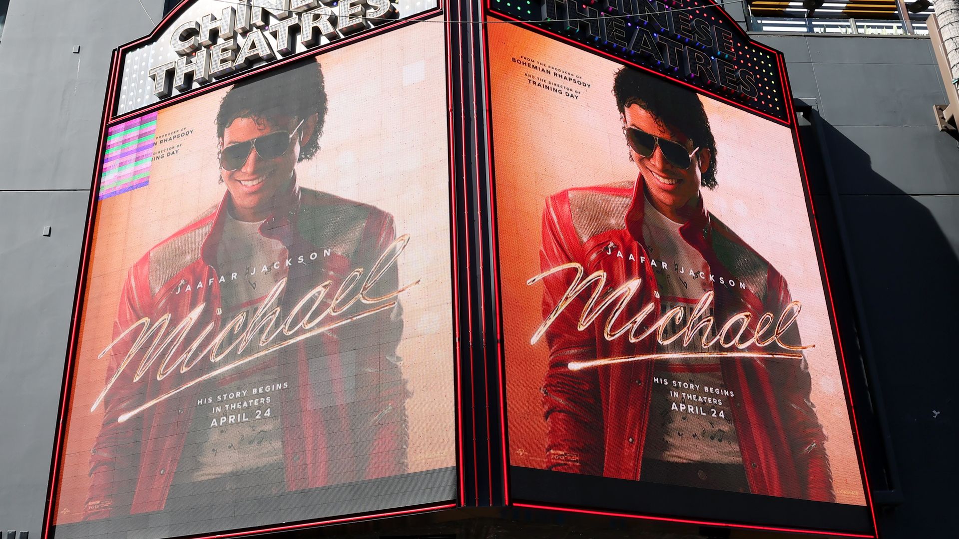 Big posters for "Michael" showing the actor who plays him