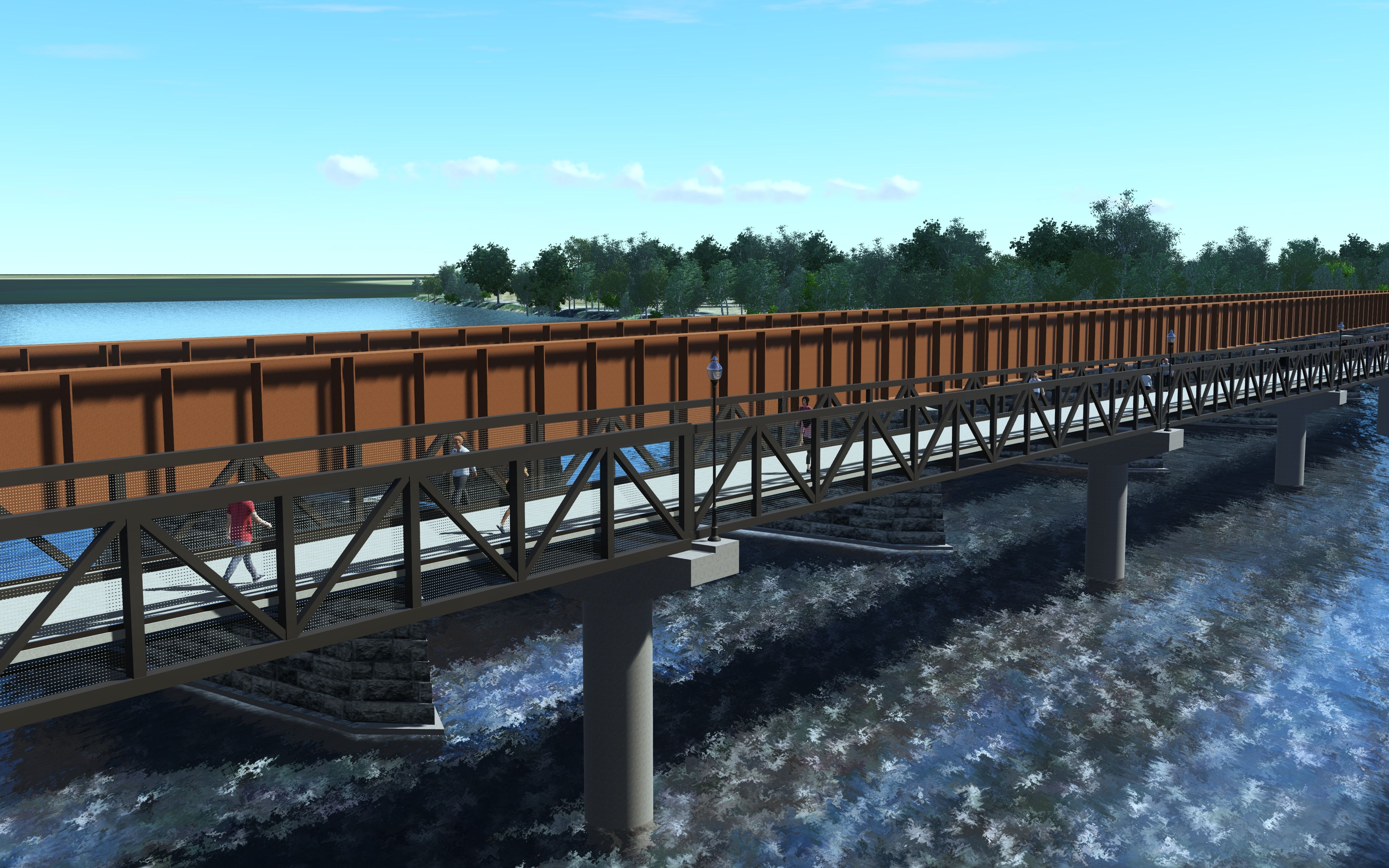 A rendering showing pedestrians crossing a footbridge over a river.