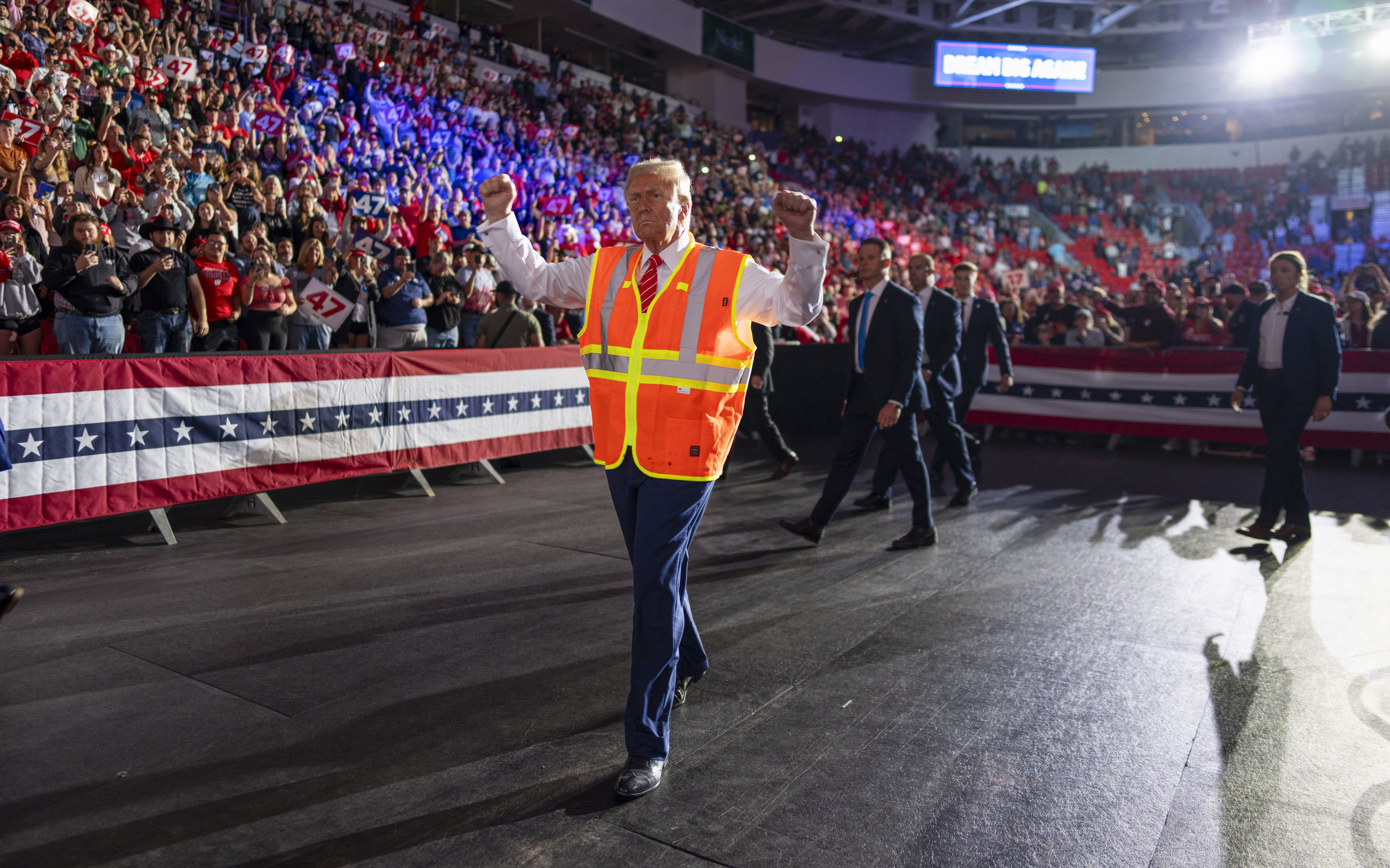 Former President Donald Trump, the Republican presidential nominee, walks off stage during a campaign rally at Resch Center in Green Bay, Wis., on Wednesday, Oct. 30, 2024. (Doug Mills/The New York Times)