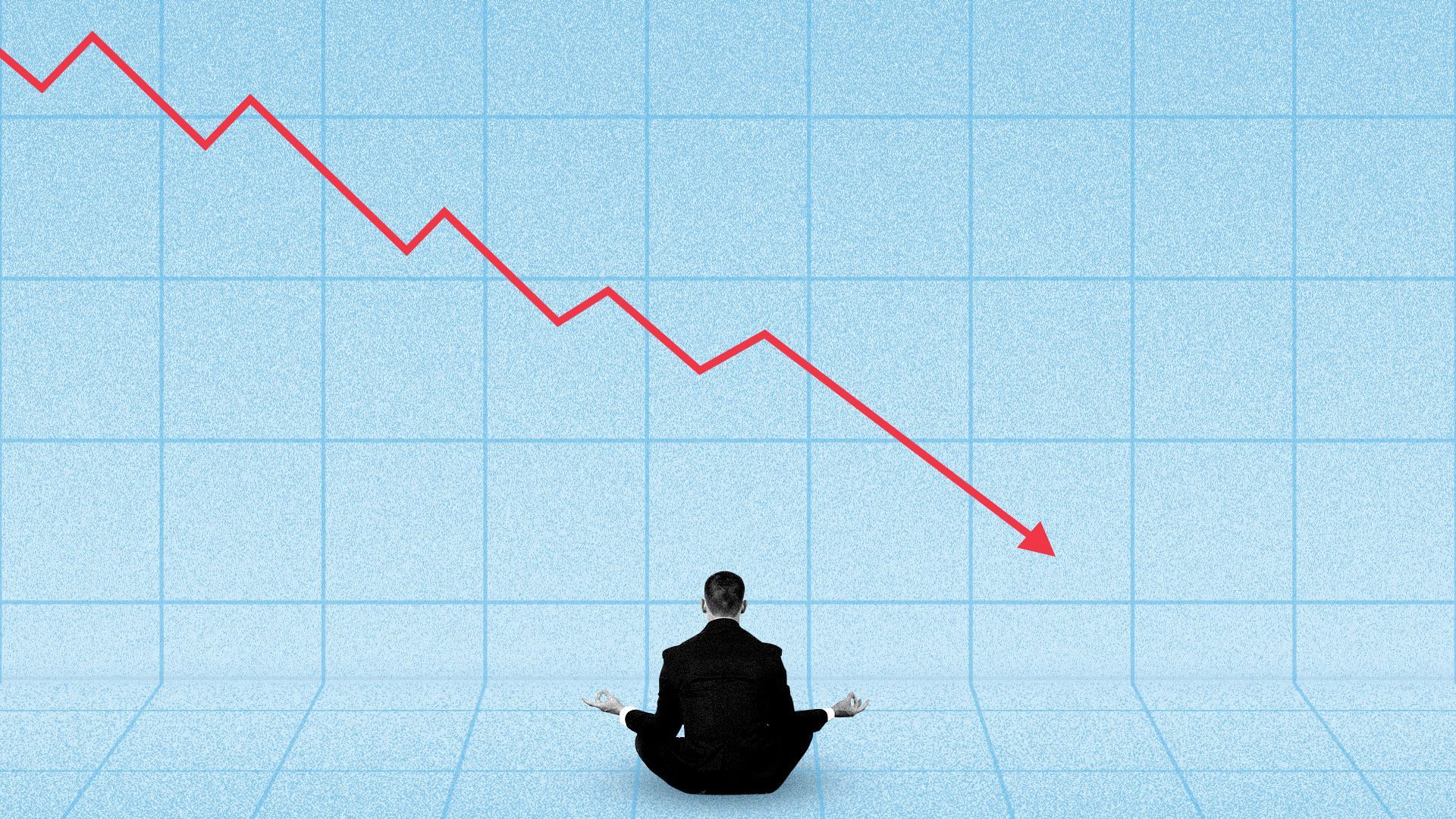 Illustration of a man meditating in front of a downward trending arrow.